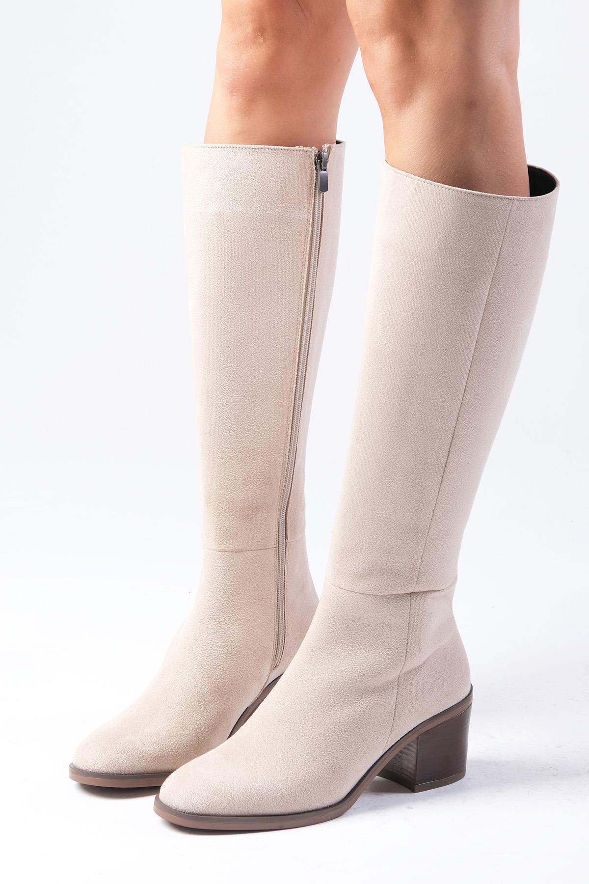 Albertine Bej Renk Kalın Topuklu Fermuarlı Çizme