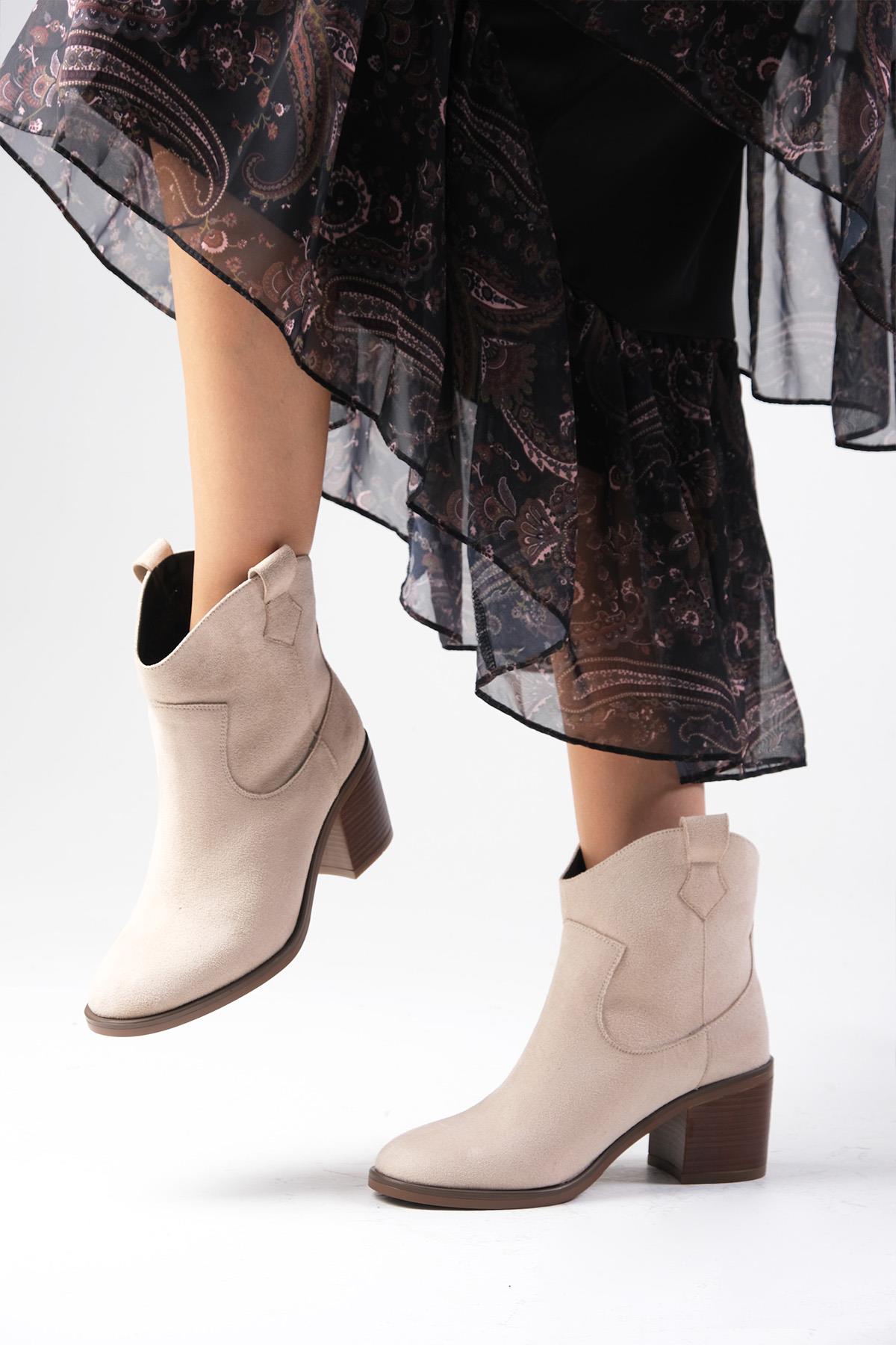 Alessia Western Bej Renk Topuklu Bot