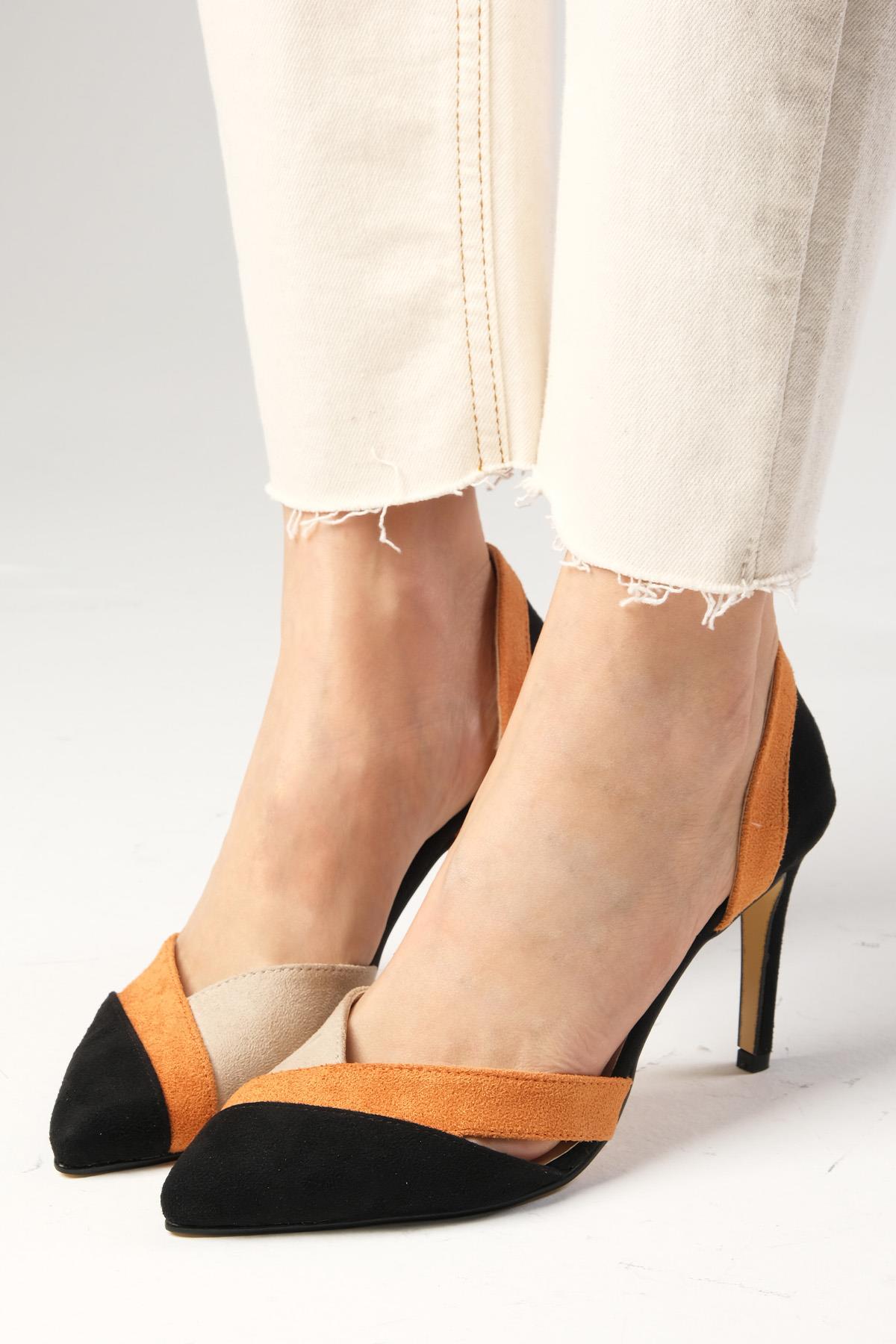 Anita Siyah Süet Renk Bloklu Topuklu Ayakkabı