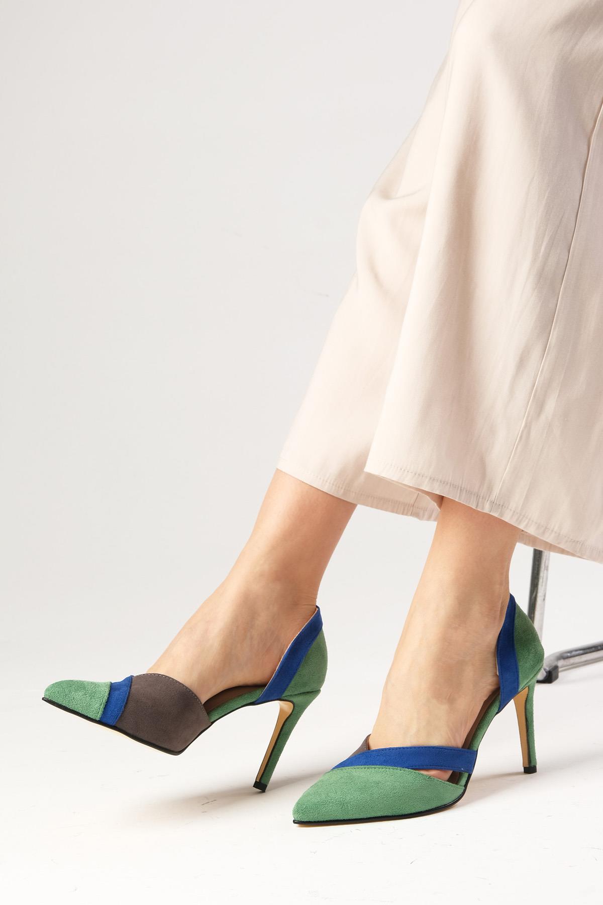 Anita Yeşil Süet Renk Bloklu Topuklu Ayakkabı
