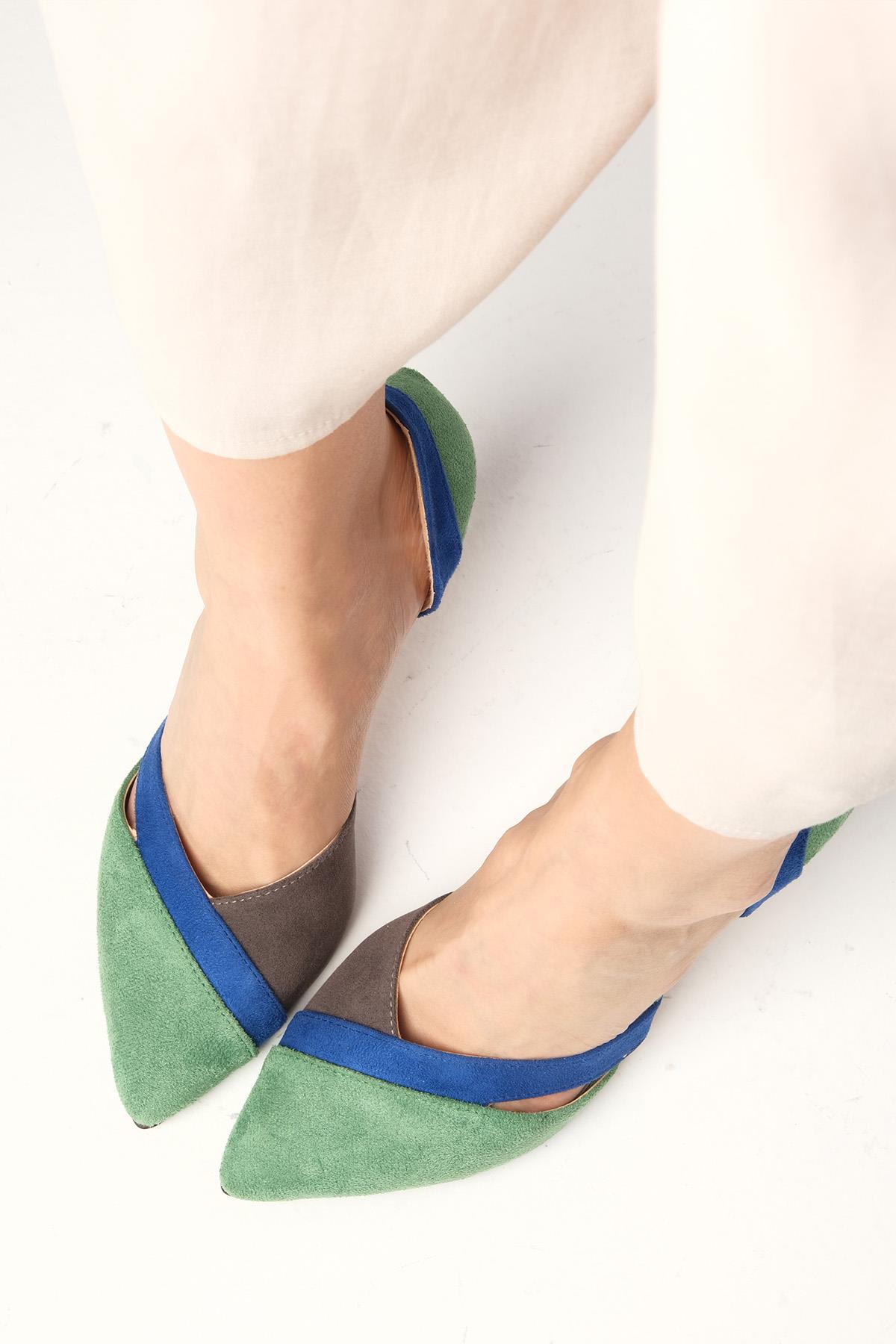 Anita Yeşil Süet Renk Bloklu Topuklu Ayakkabı