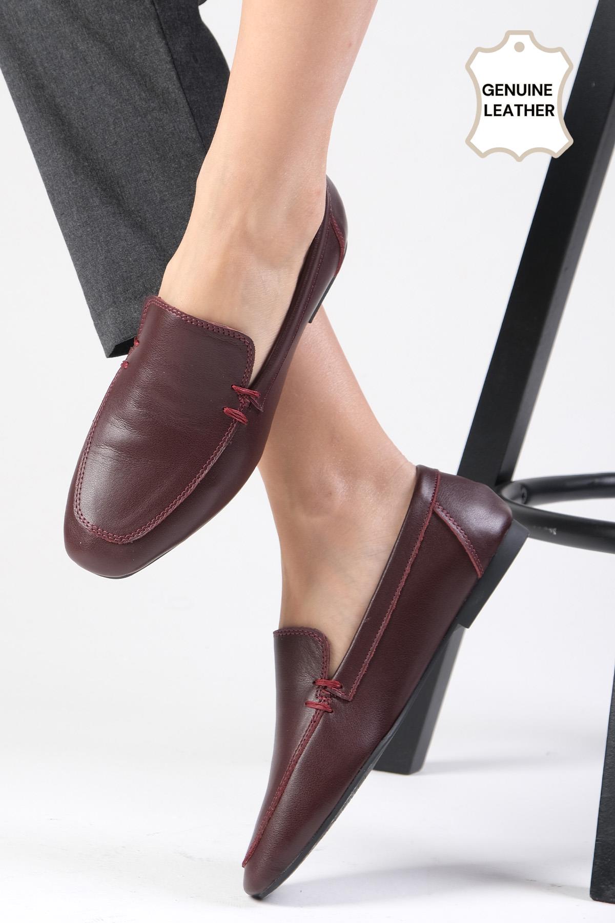 Aria Hakiki Deri Bordo Renk Loafer