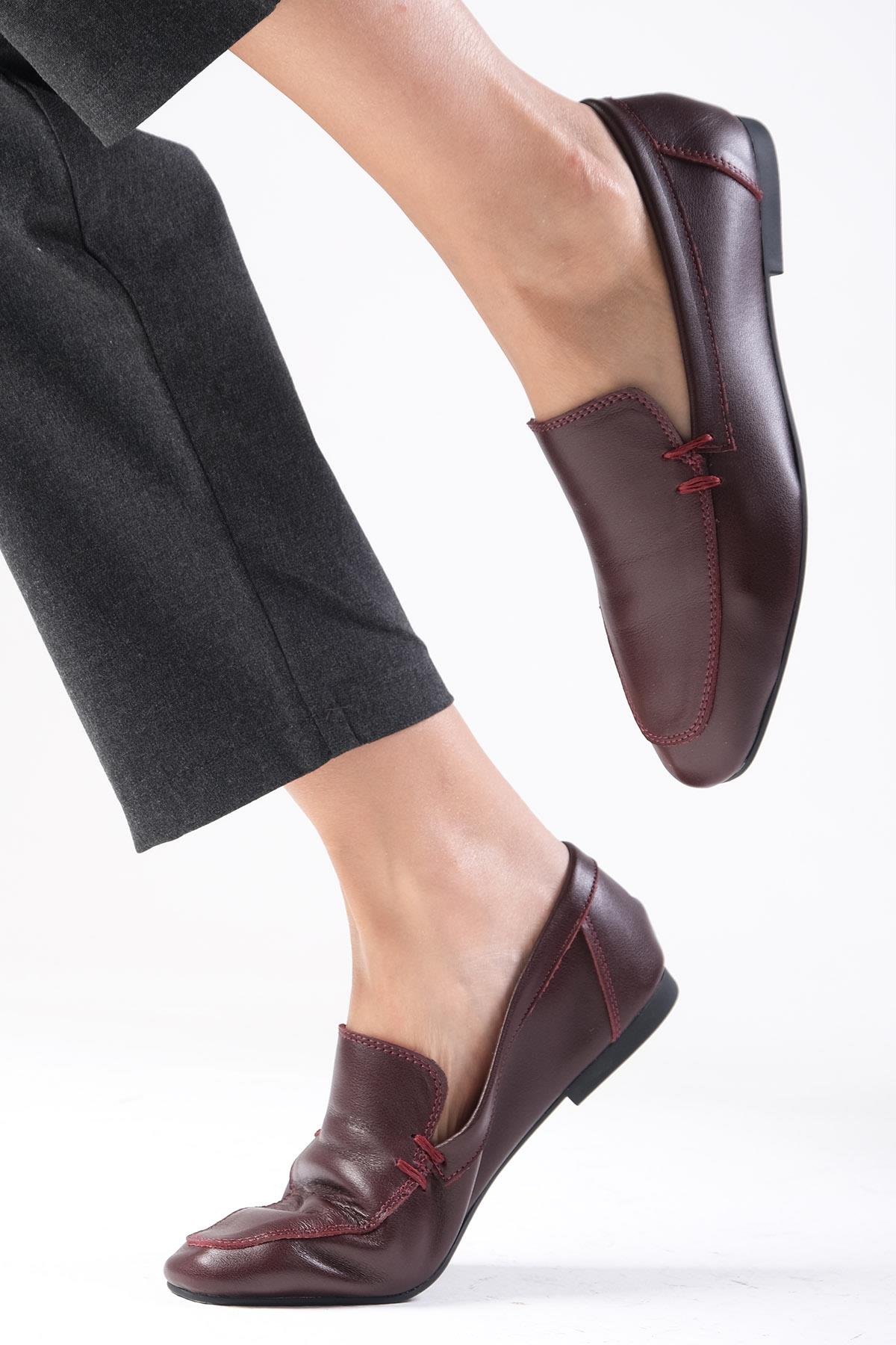 Aria Hakiki Deri Bordo Renk Loafer