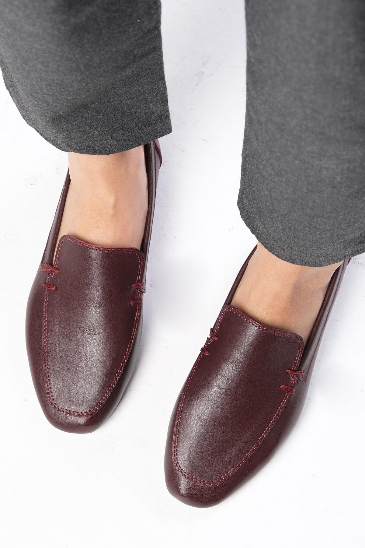 Aria Hakiki Deri Bordo Renk Loafer