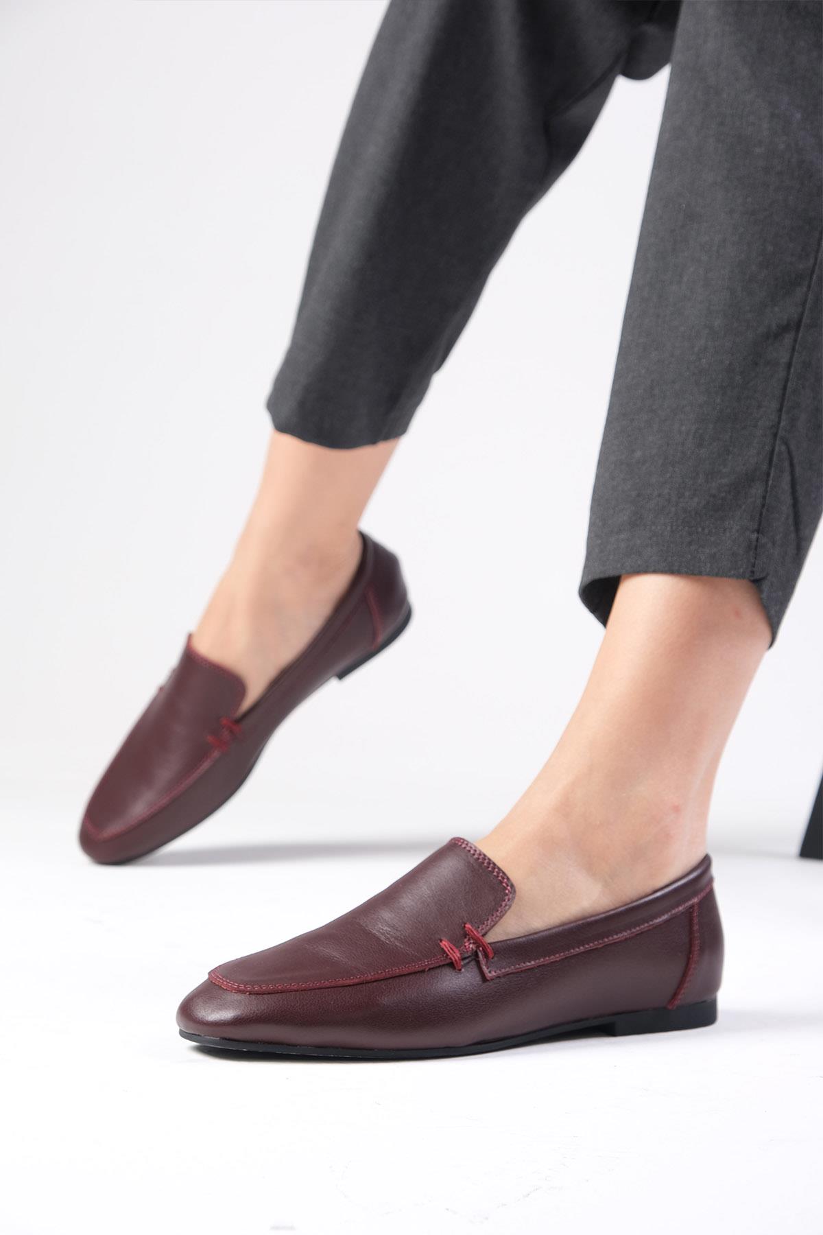 Aria Hakiki Deri Bordo Renk Loafer