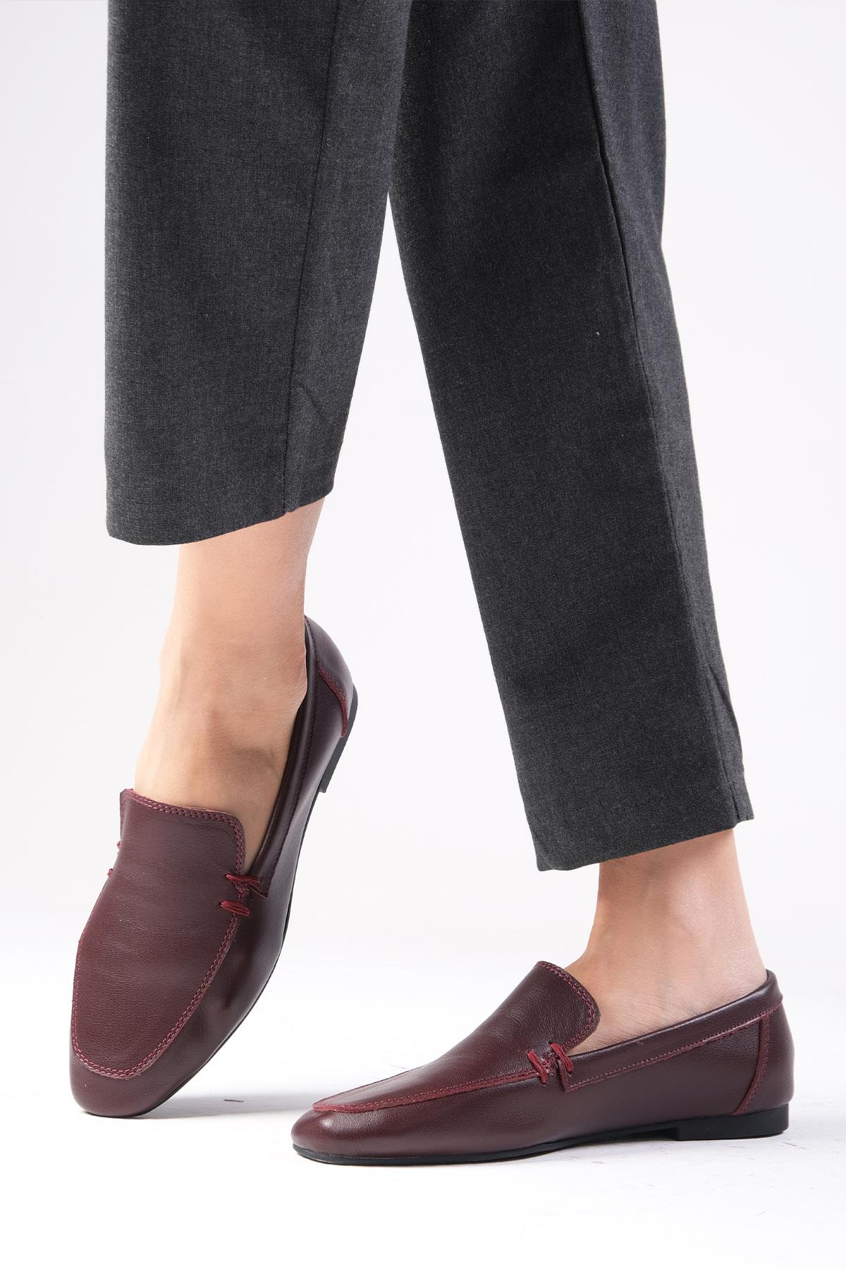Aria Hakiki Deri Bordo Renk Loafer