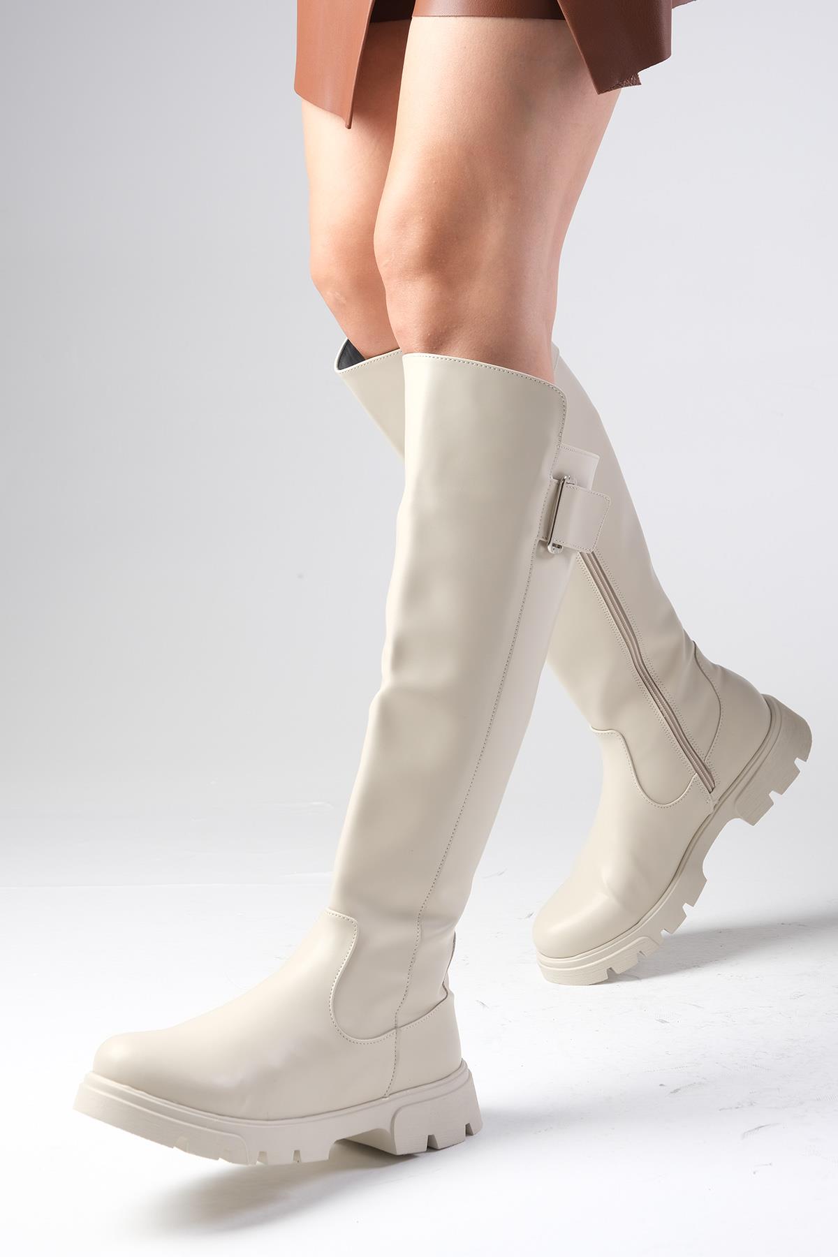 Arya Bej Renk Fermuarlı Postal Çizme