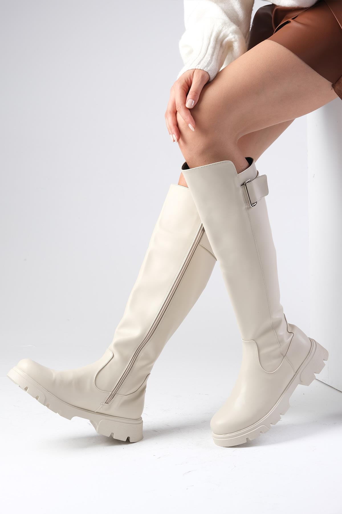 Arya Bej Renk Fermuarlı Postal Çizme