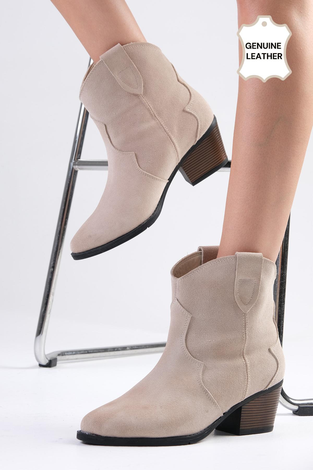 Becky Hakiki Süet Bej Renk Western Bot