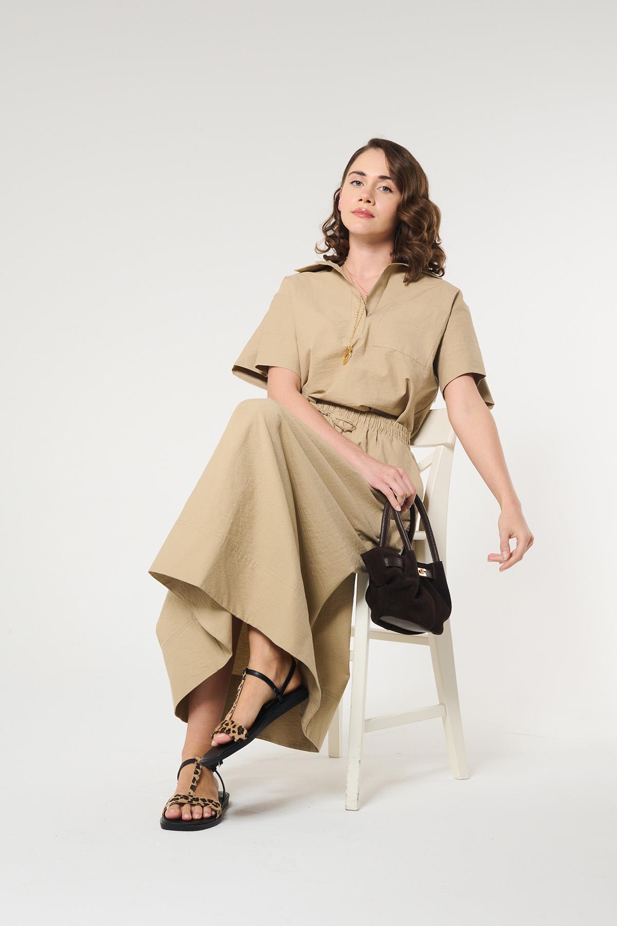 Bej Renk Beli Lastikli Midi Etek