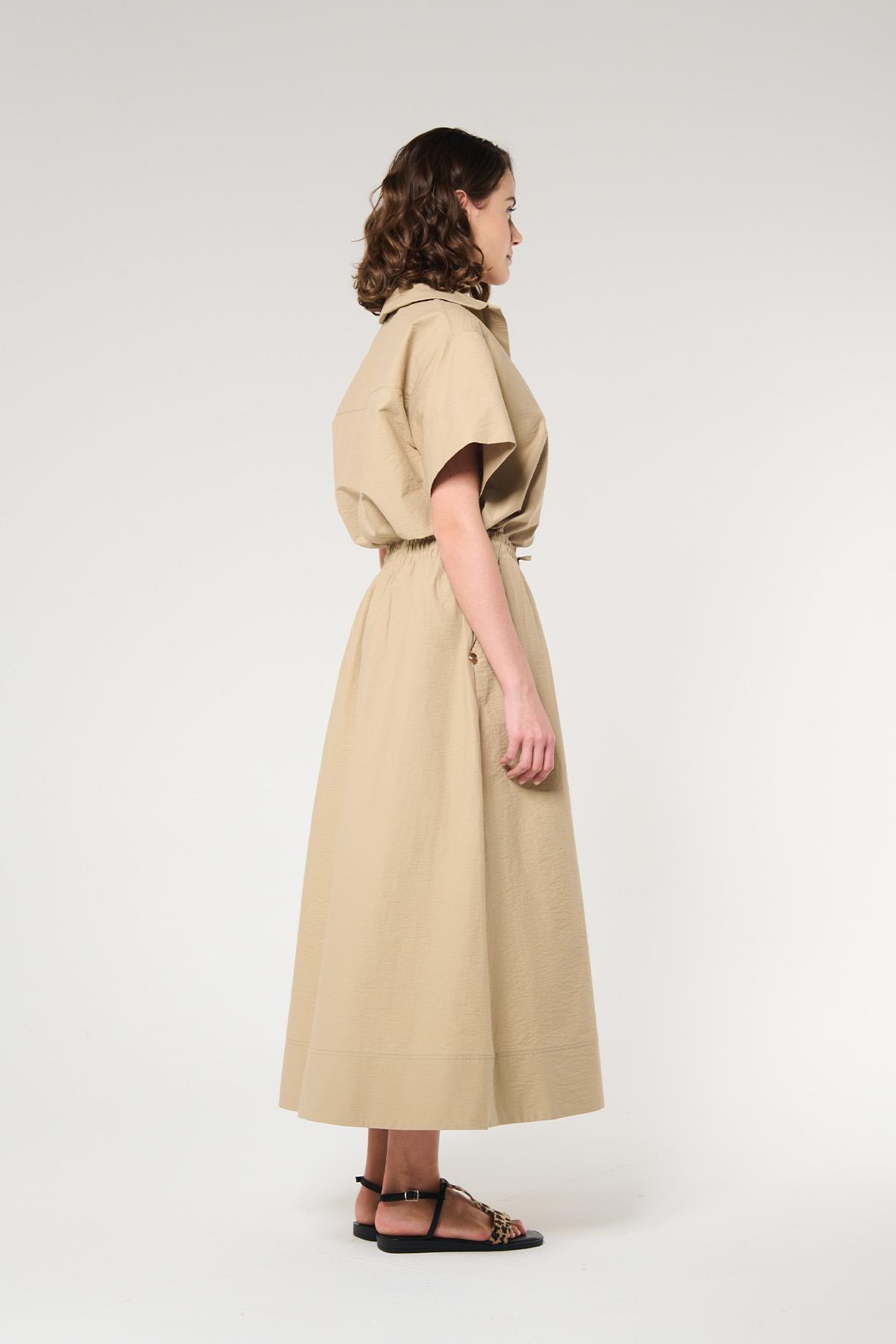 Bej Renk Beli Lastikli Midi Etek