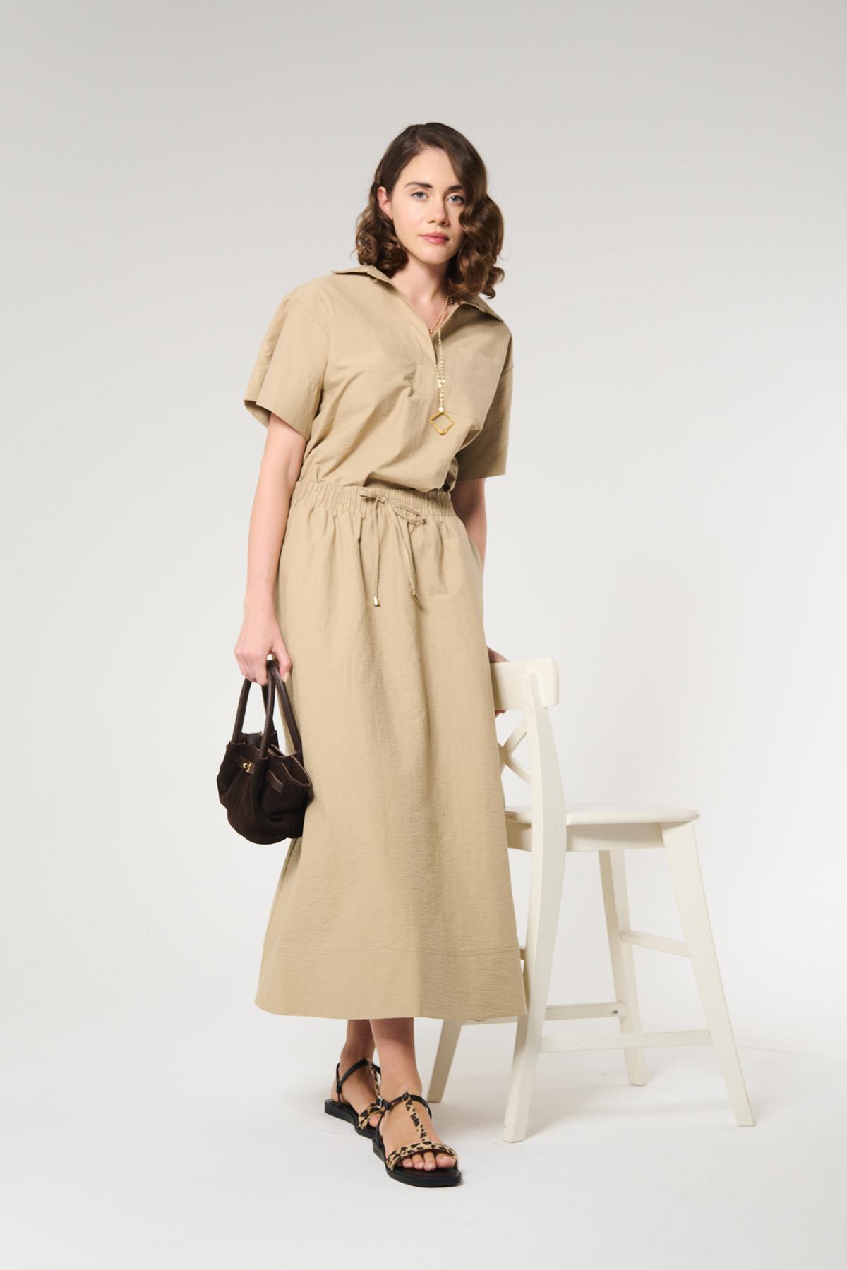 Bej Renk Beli Lastikli Midi Etek