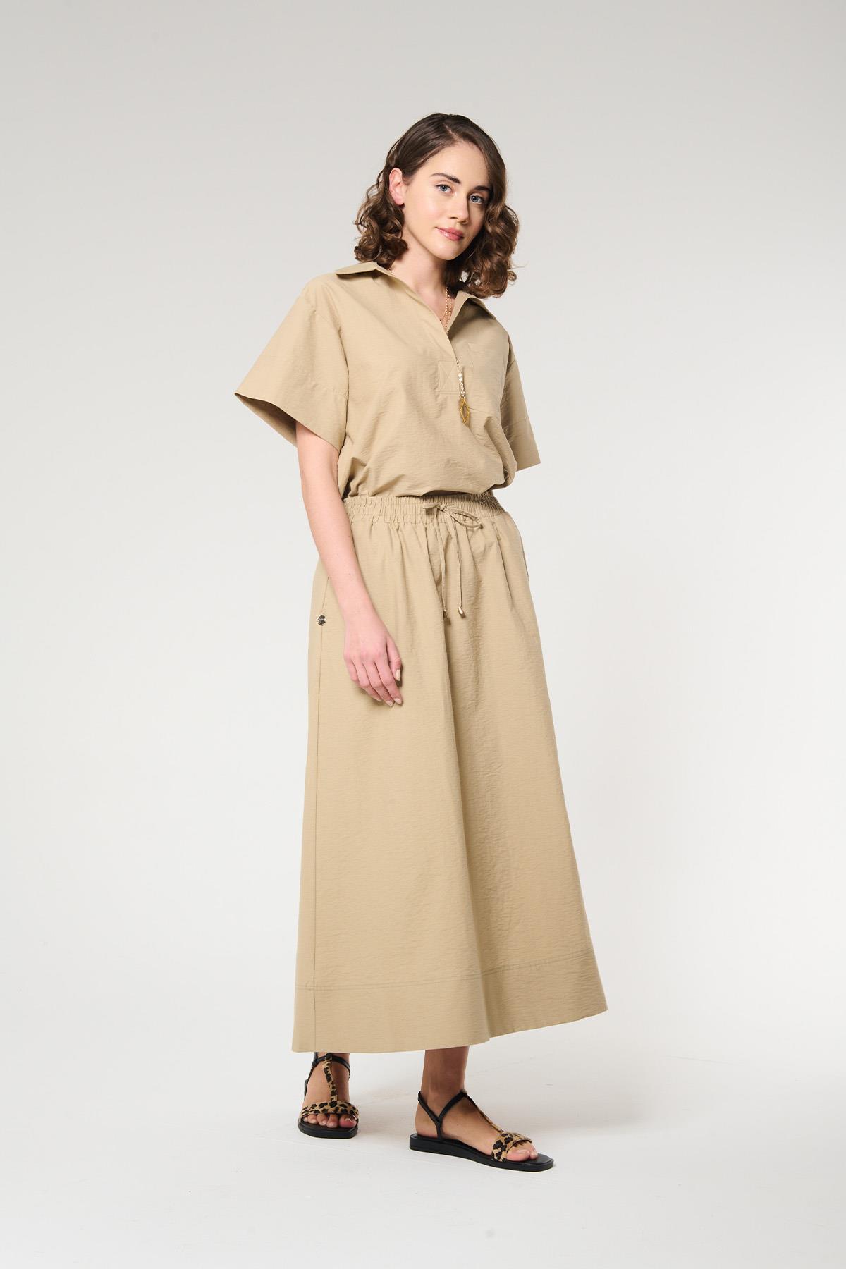 Bej Renk Beli Lastikli Midi Etek