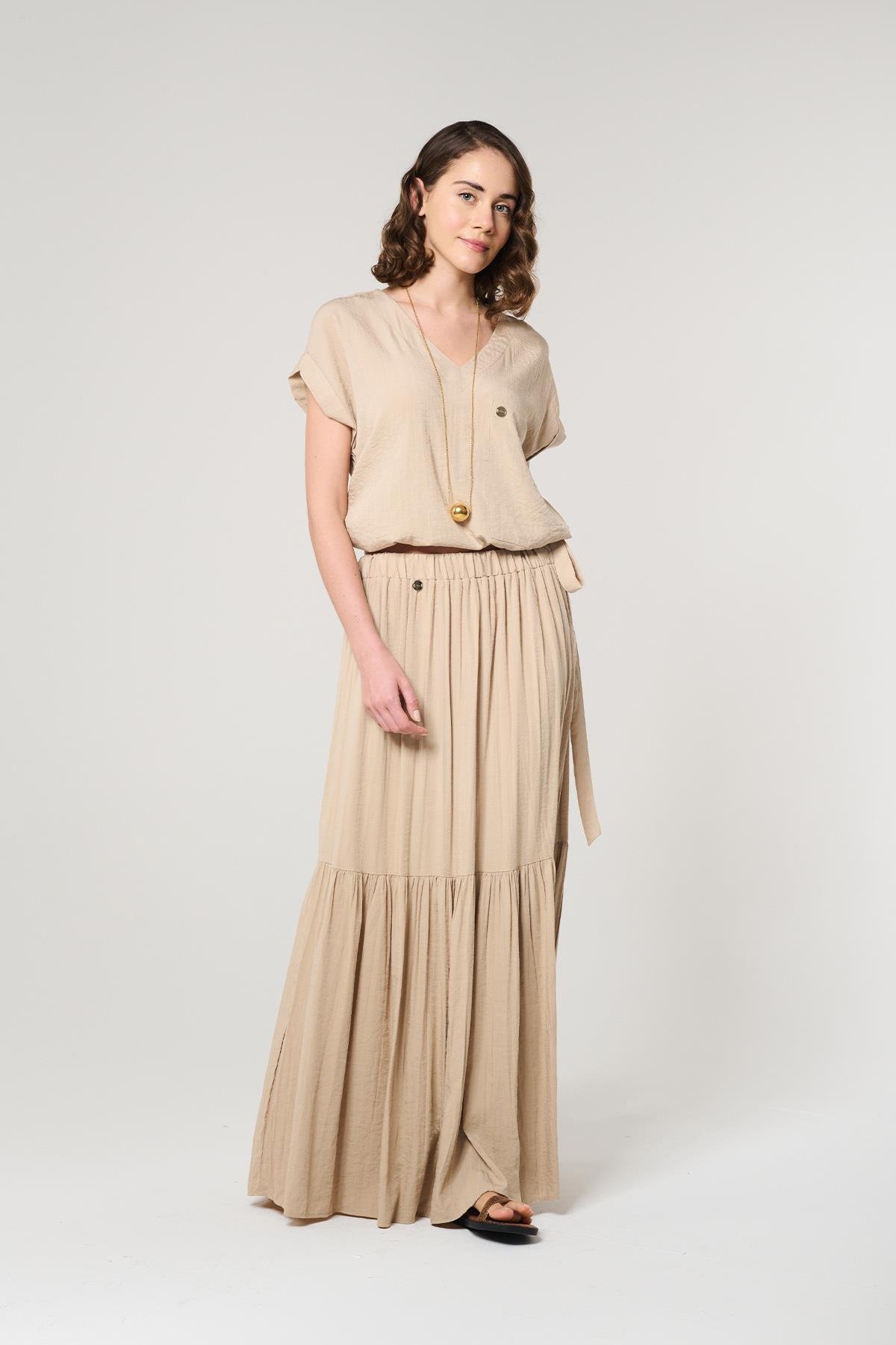 Buruşuk Görünümlü Bej Renk Maksi Etek