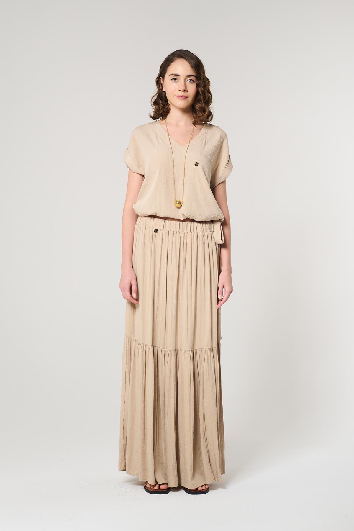 Buruşuk Görünümlü Bej Renk Maksi Etek