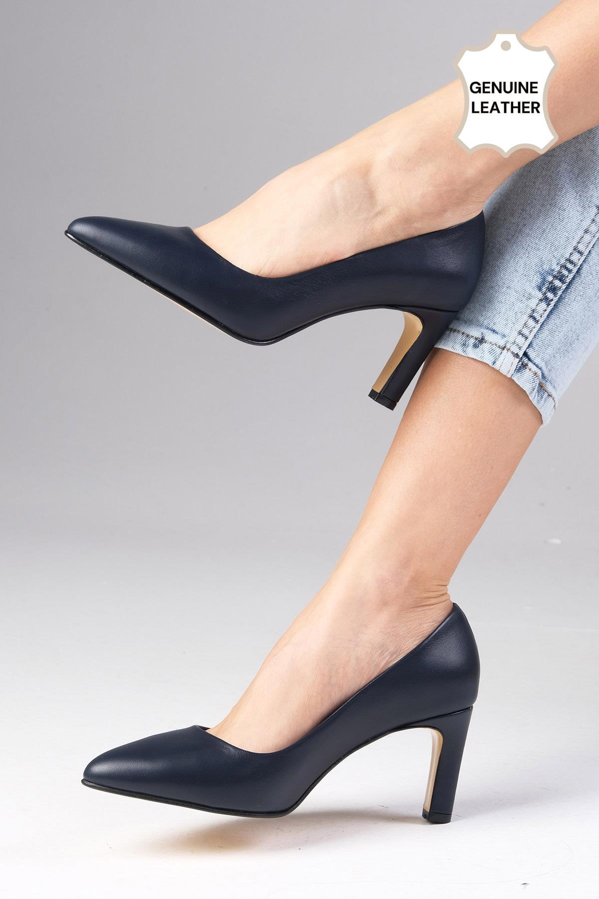 Beliz Hakiki Deri Lacivert Renk Stiletto