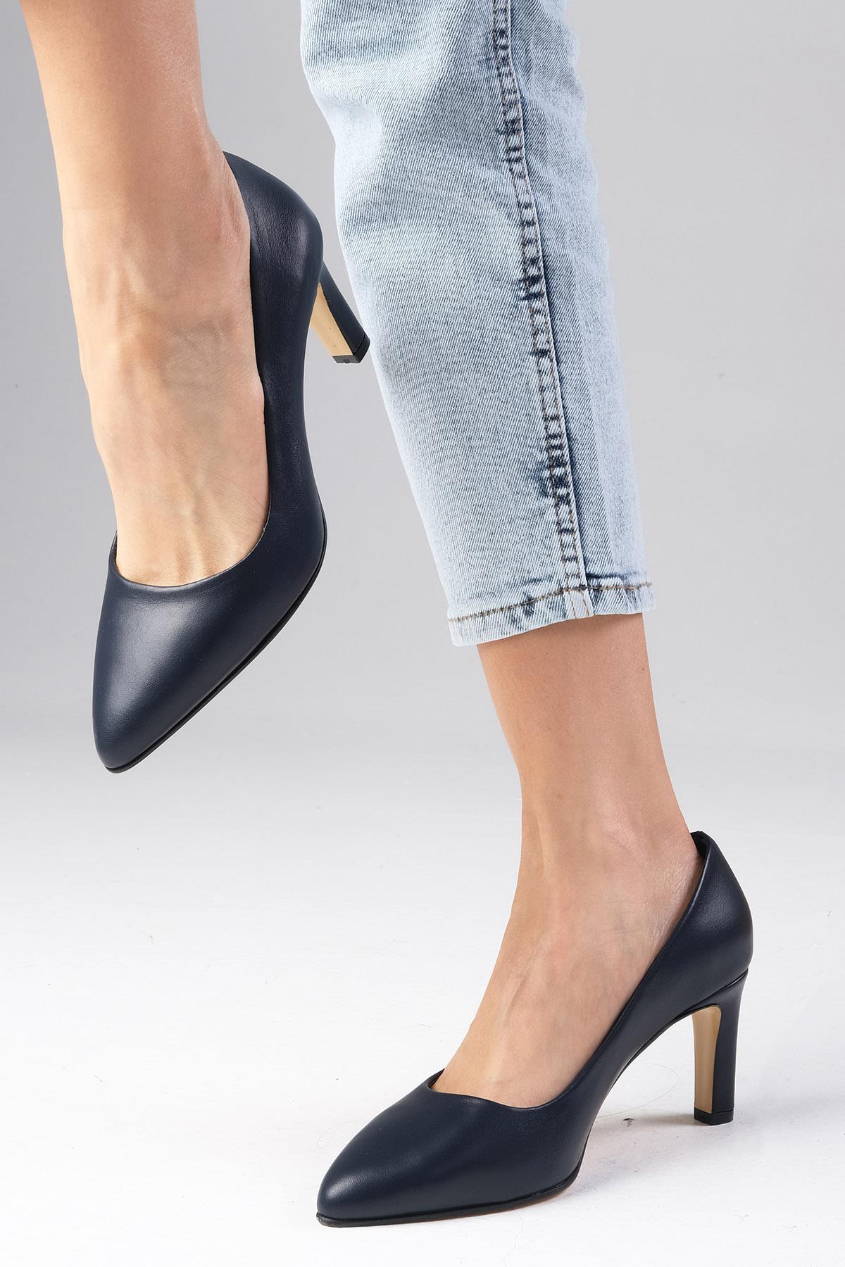 Beliz Hakiki Deri Lacivert Renk Stiletto