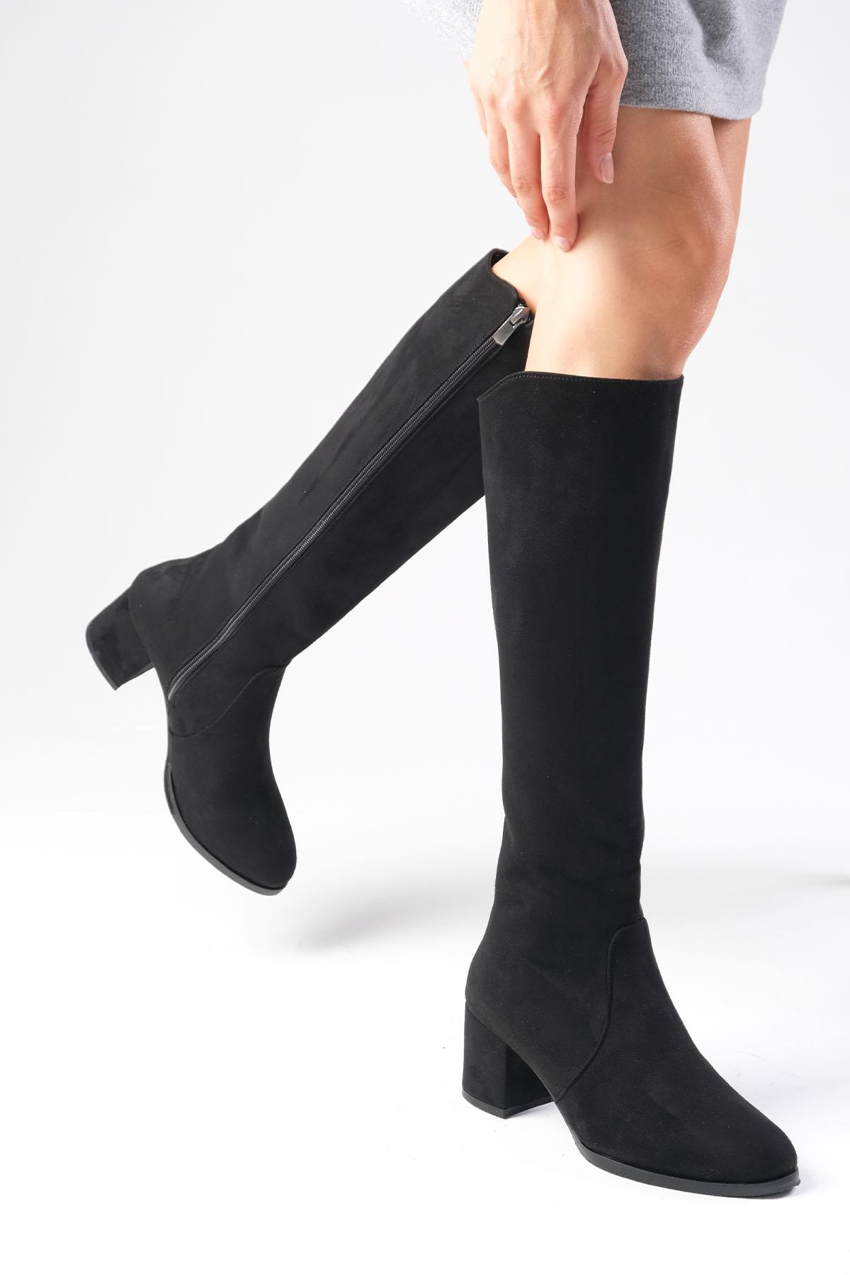 Bella Siyah Renk Süet Fermuarlı Çizme