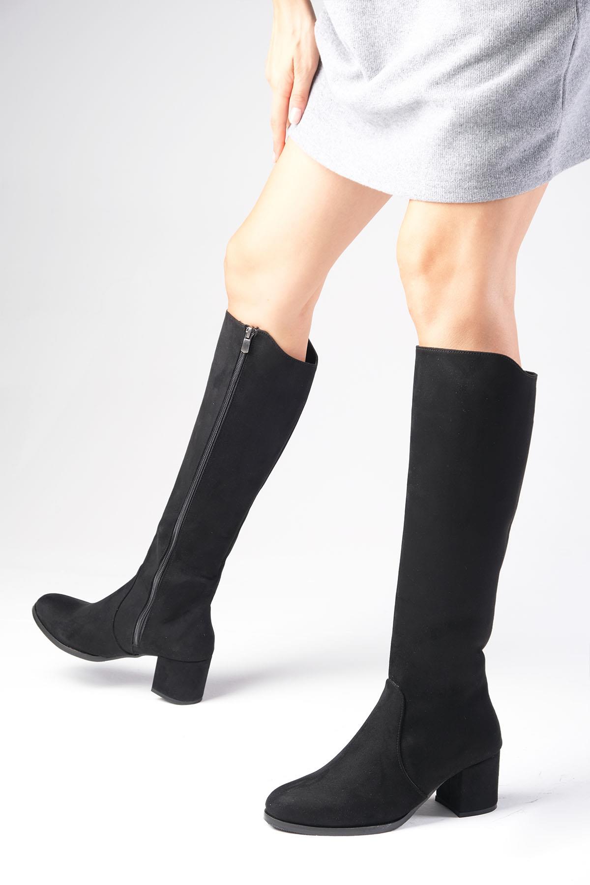 Bella Siyah Renk Süet Fermuarlı Çizme