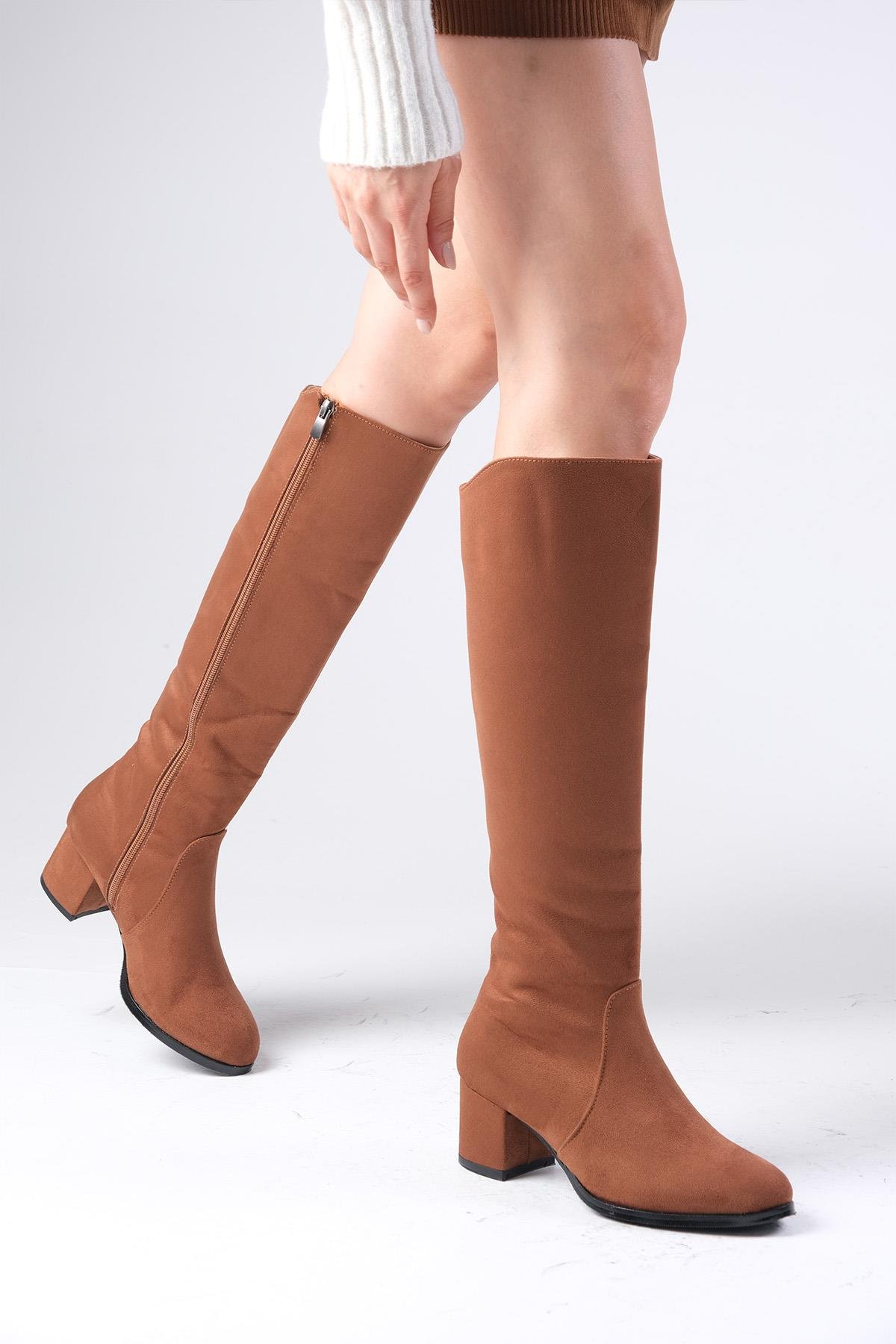 Bella Taba Renk Süet Fermuarlı Çizme