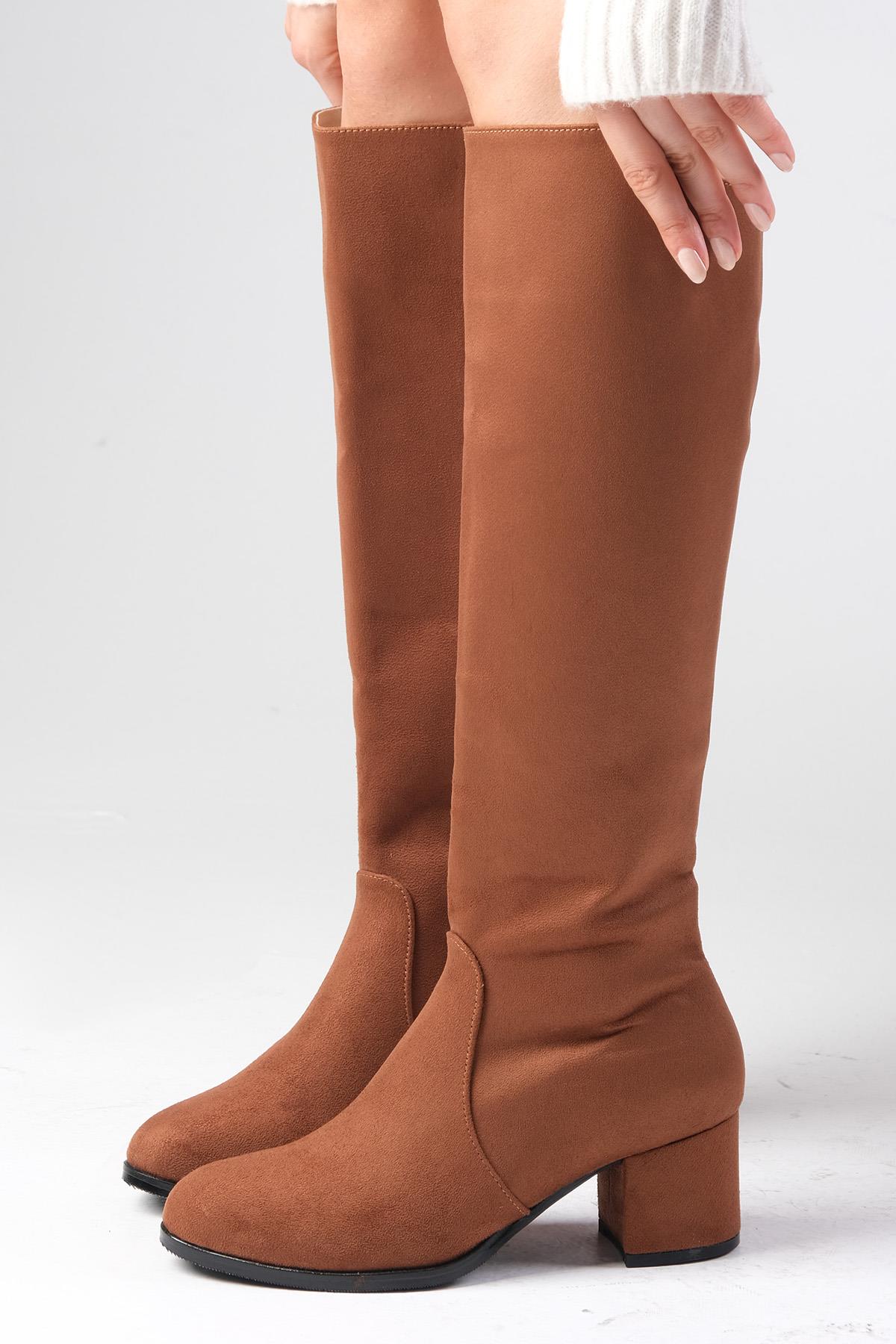 Bella Taba Renk Süet Fermuarlı Çizme