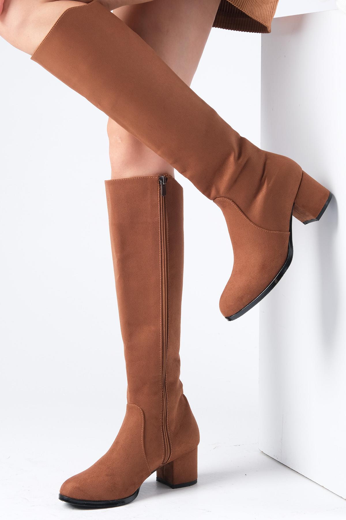 Bella Taba Renk Süet Fermuarlı Çizme