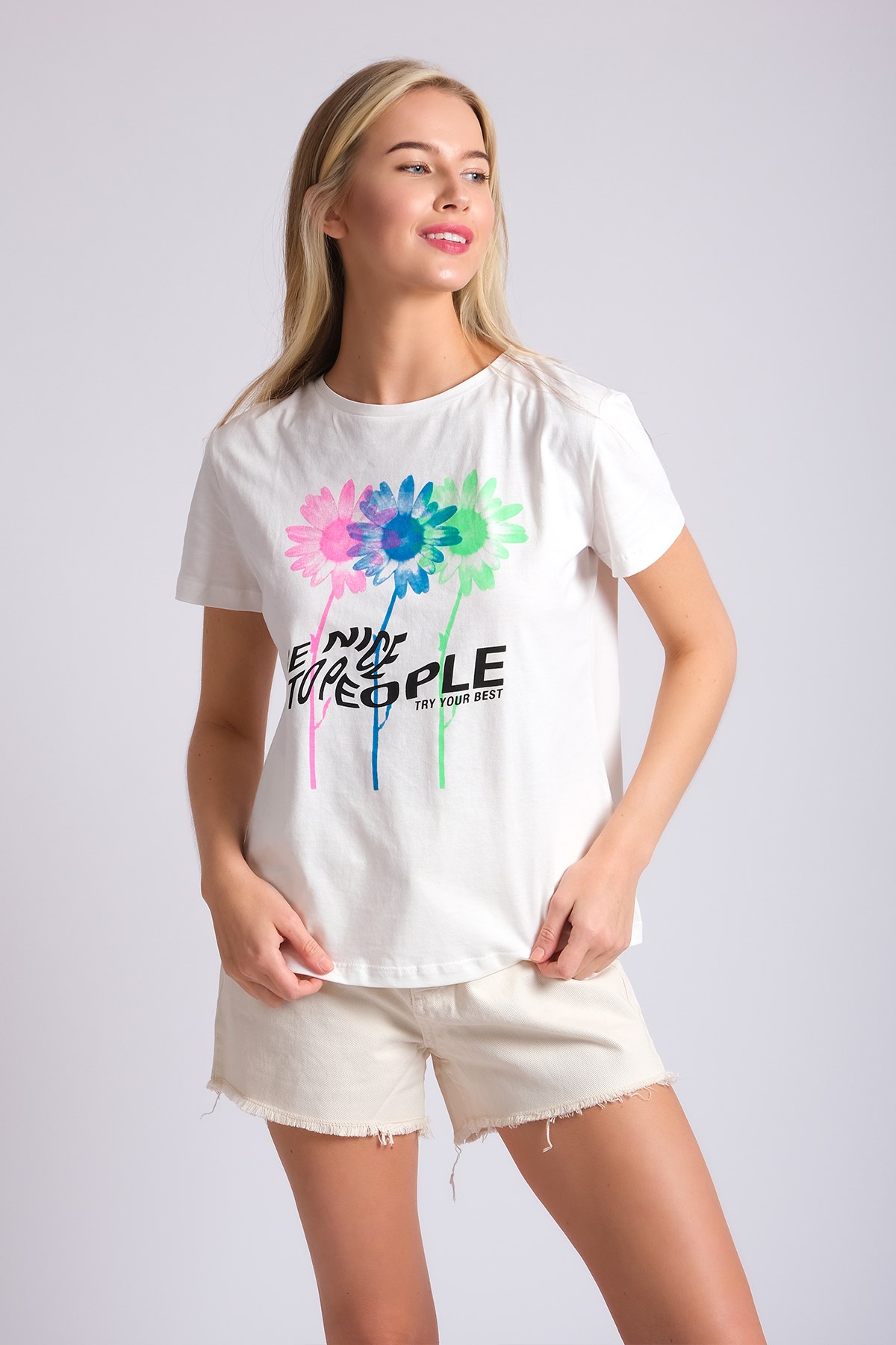 MIOROPA Beyaz Renk Baskı Desenli Kadın Tişört