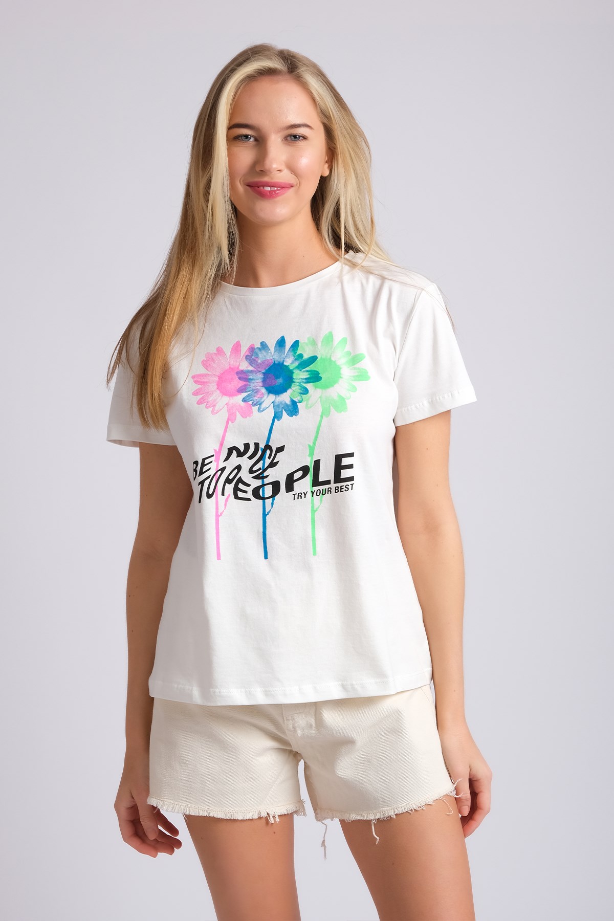 MIOROPA Beyaz Renk Baskı Desenli Kadın Tişört