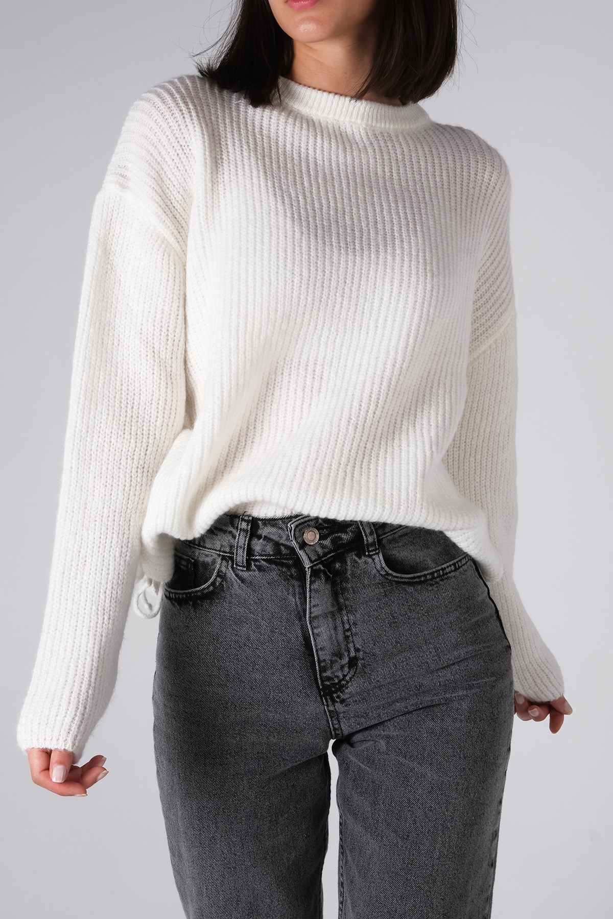 MIOROPA Bisiklet Yaka Ekru Triko Kazak