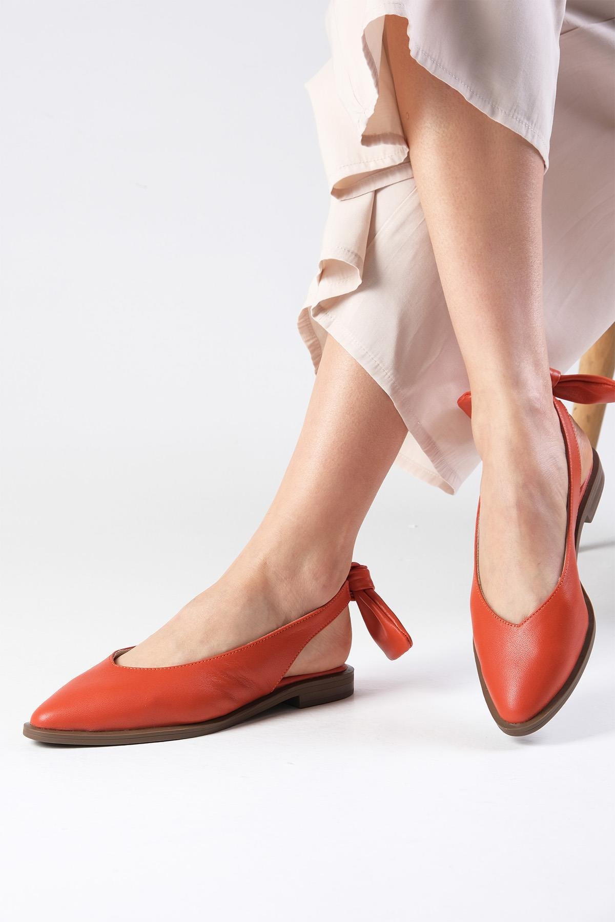 Bonny Hakiki Deri Turuncu Fiyonklu Babet