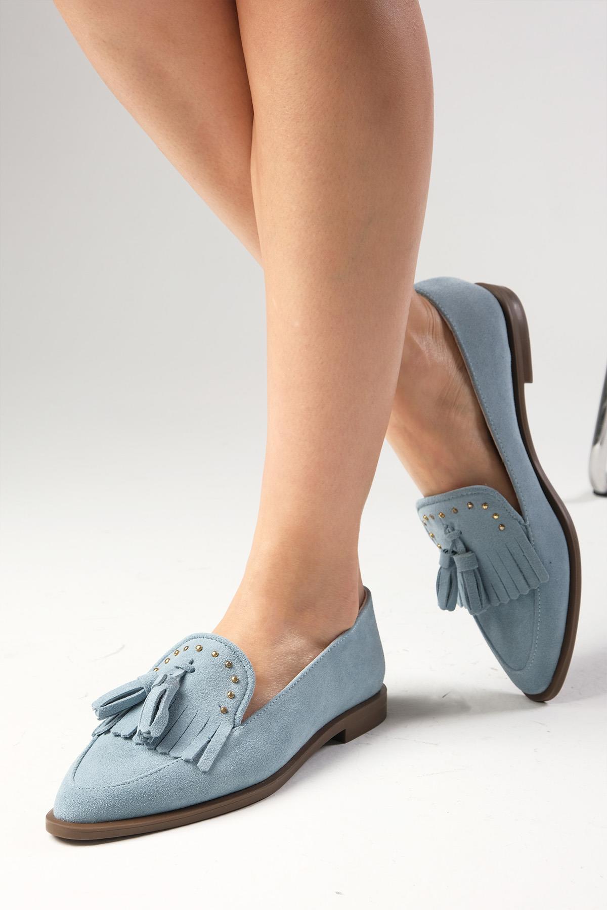 Brianna Hakiki Süet Mavi Zımbalı Püsküllü Loafer
