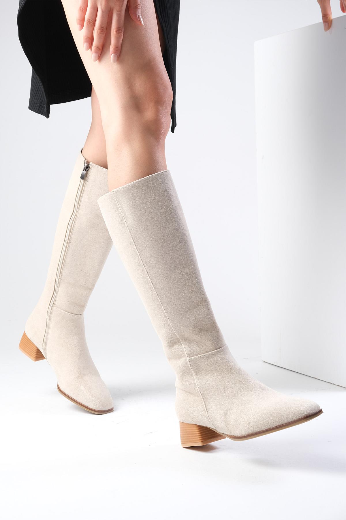 Briony Bej Renk Süet Küt Burun Fermuarlı Çizme