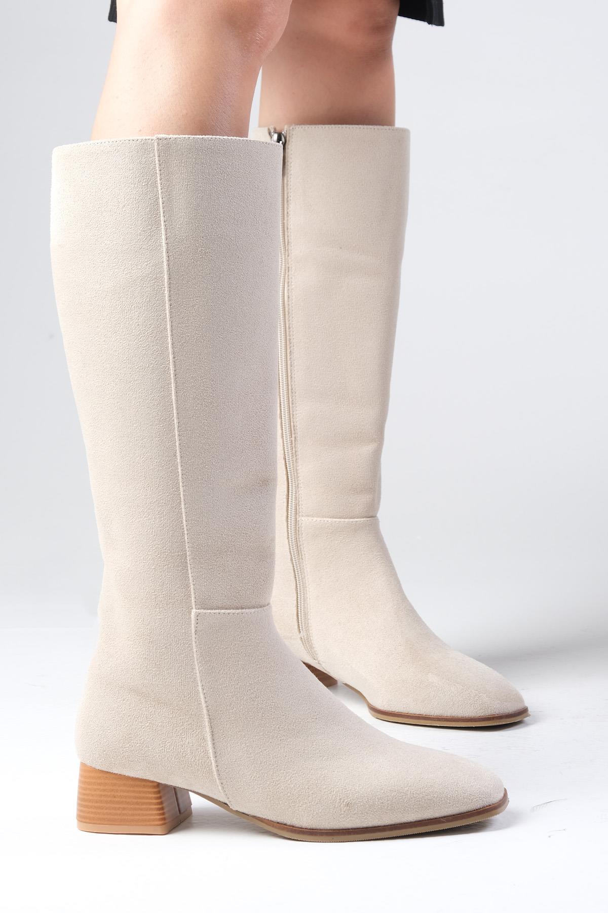 Briony Bej Renk Süet Küt Burun Fermuarlı Çizme