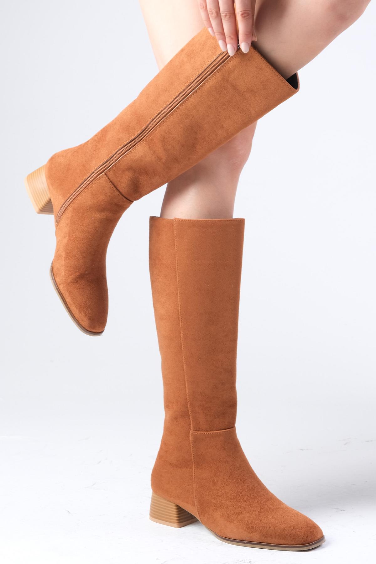 Briony Taba Renk Süet Küt Burun Fermuarlı Çizme