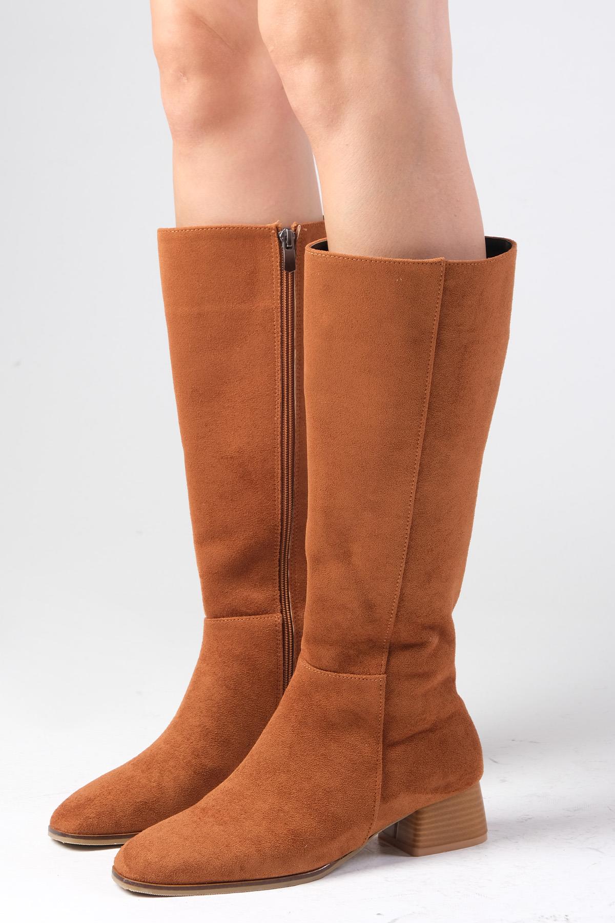 Briony Taba Renk Süet Küt Burun Fermuarlı Çizme