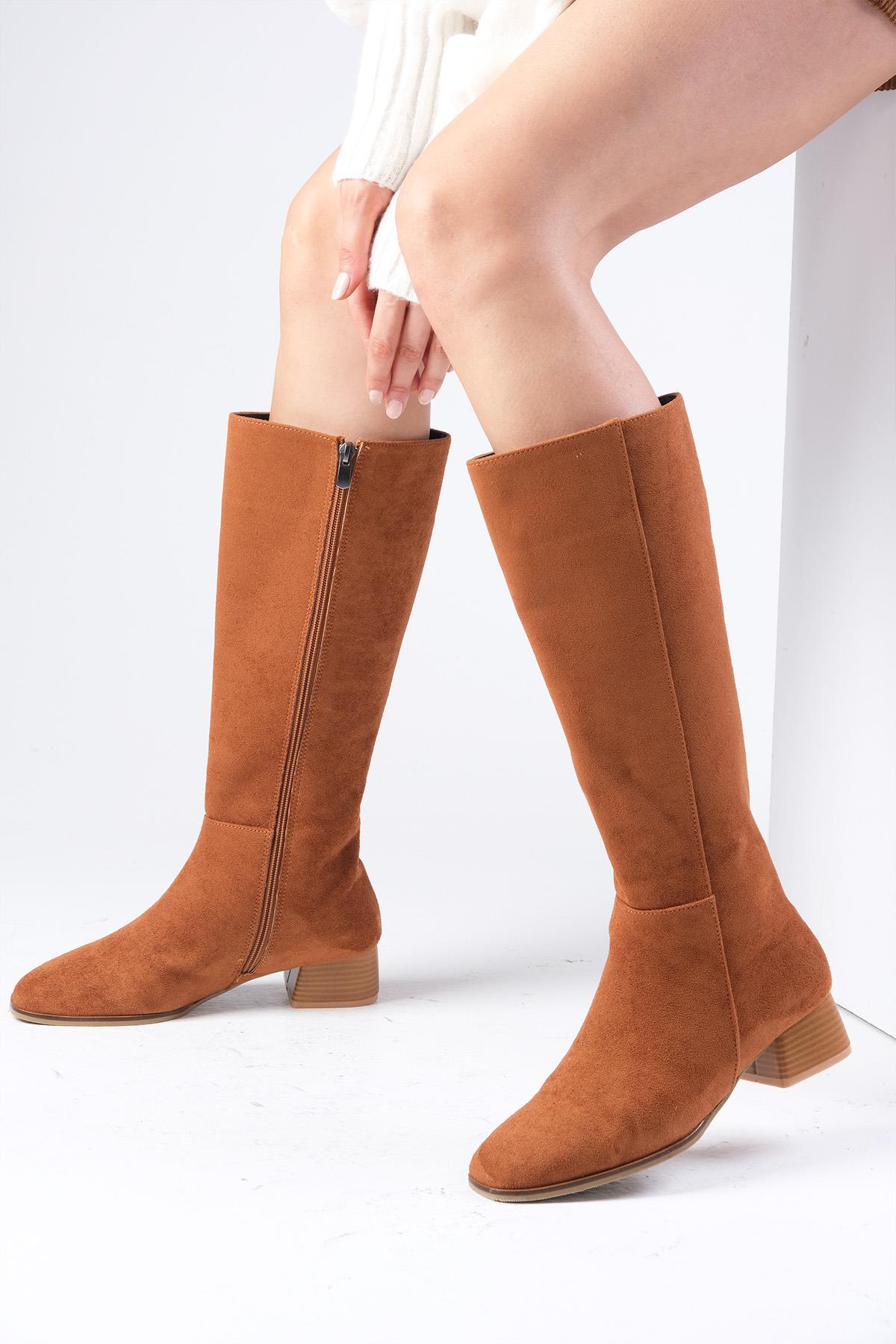 Briony Taba Renk Süet Küt Burun Fermuarlı Çizme