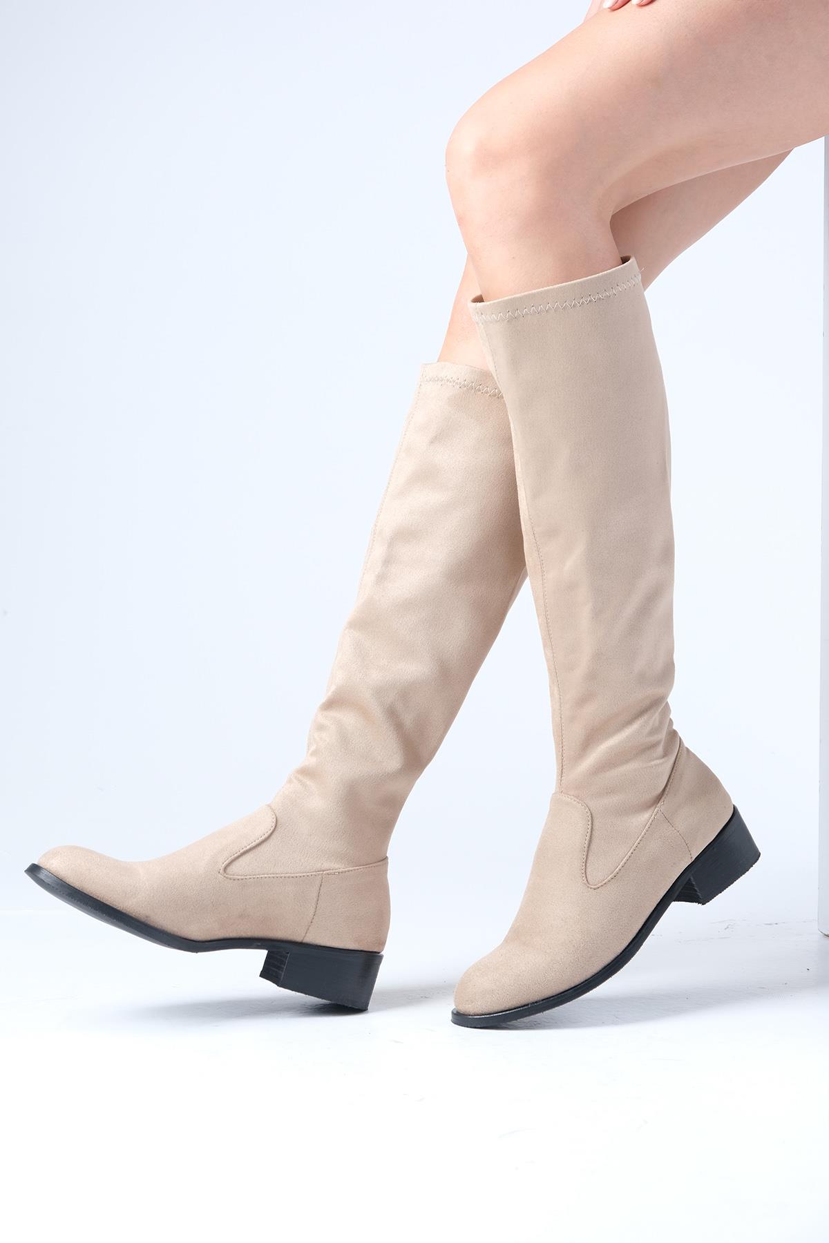 Brooklyn Bej Renk Süet Streç Çizme