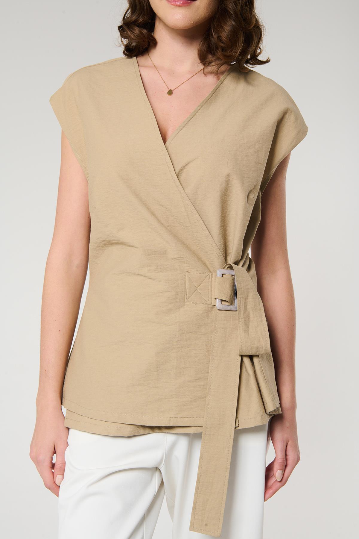 Camel Renk Kruvaze Yelek