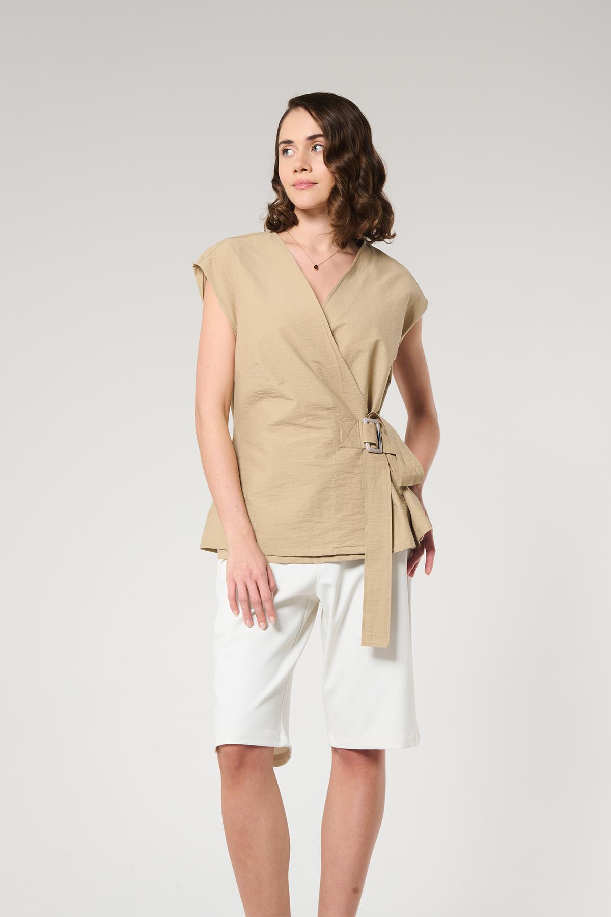 Camel Renk Kruvaze Yelek