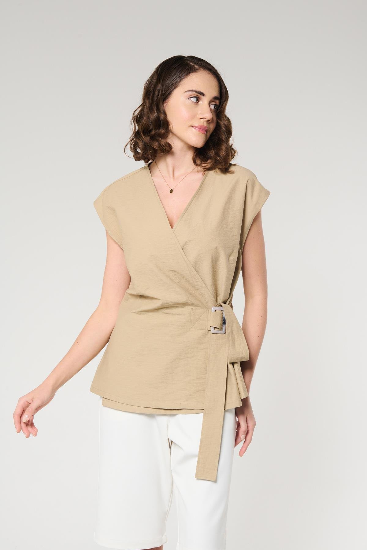 Camel Renk Kruvaze Yelek