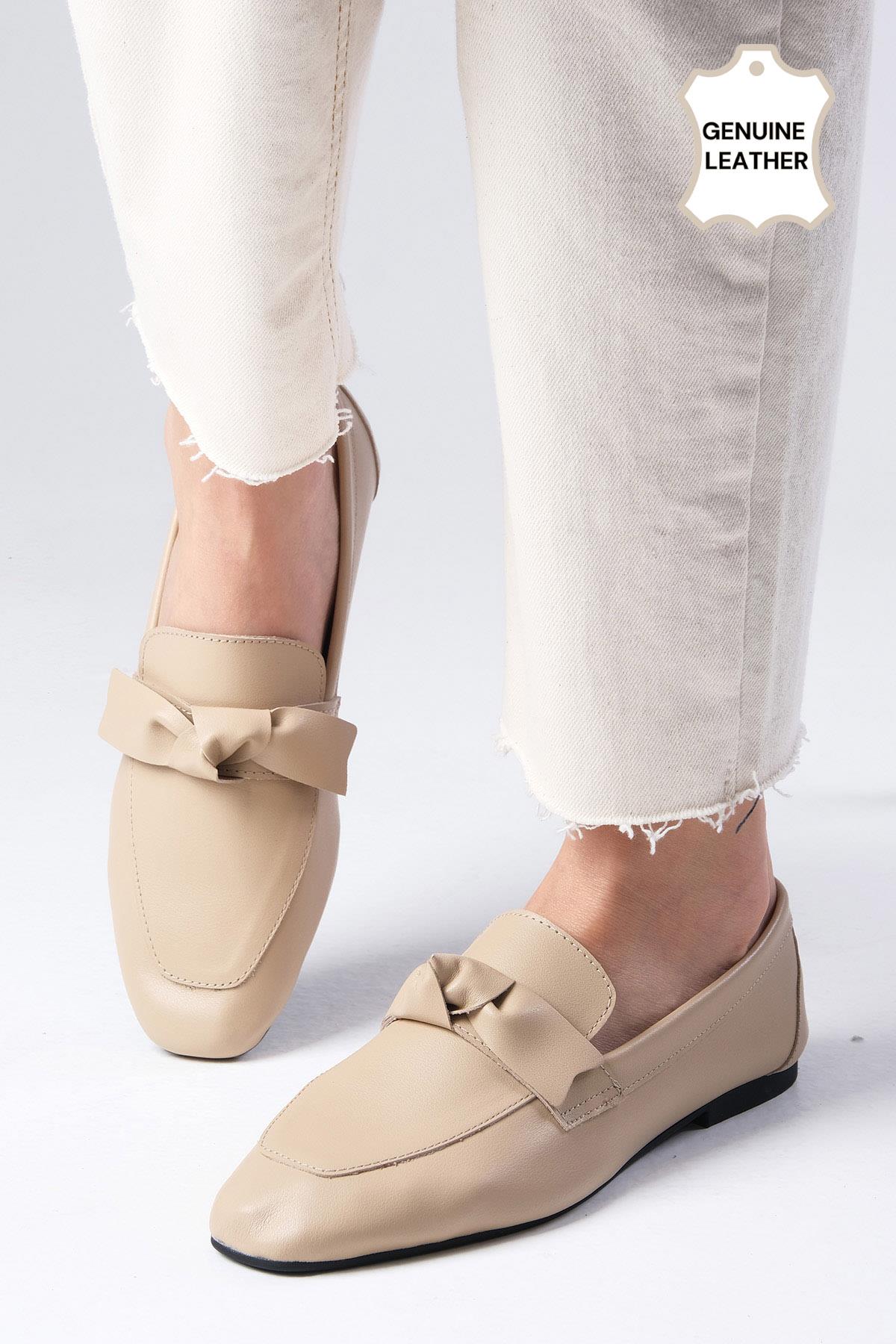 Candy Hakiki Deri Ten Rengi Fiyonk Aksesuarlı Loafer