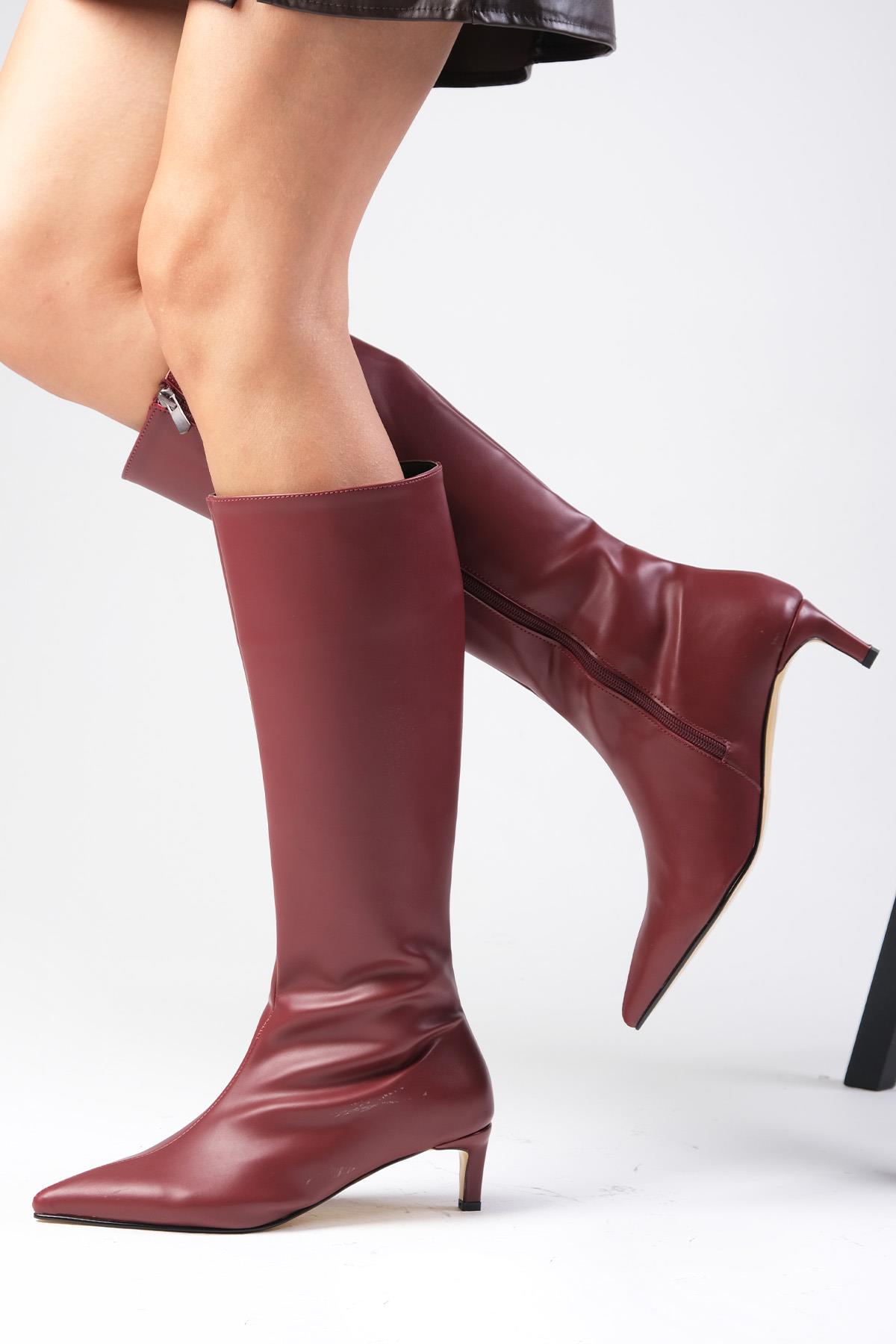 Carolina Bordo Renk Kısa Topuklu Çizme