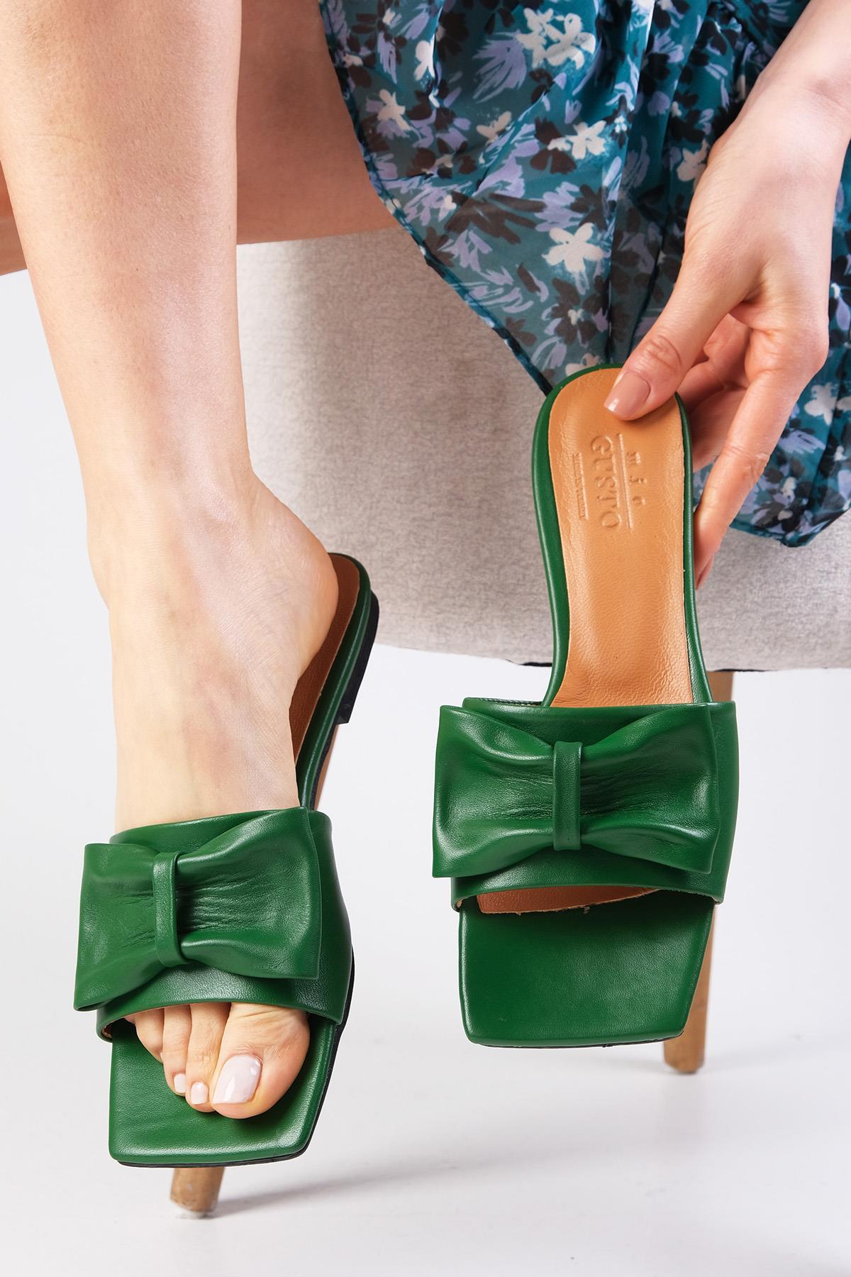 Cristina Hakiki Deri Yeşil Fiyonklu Terlik