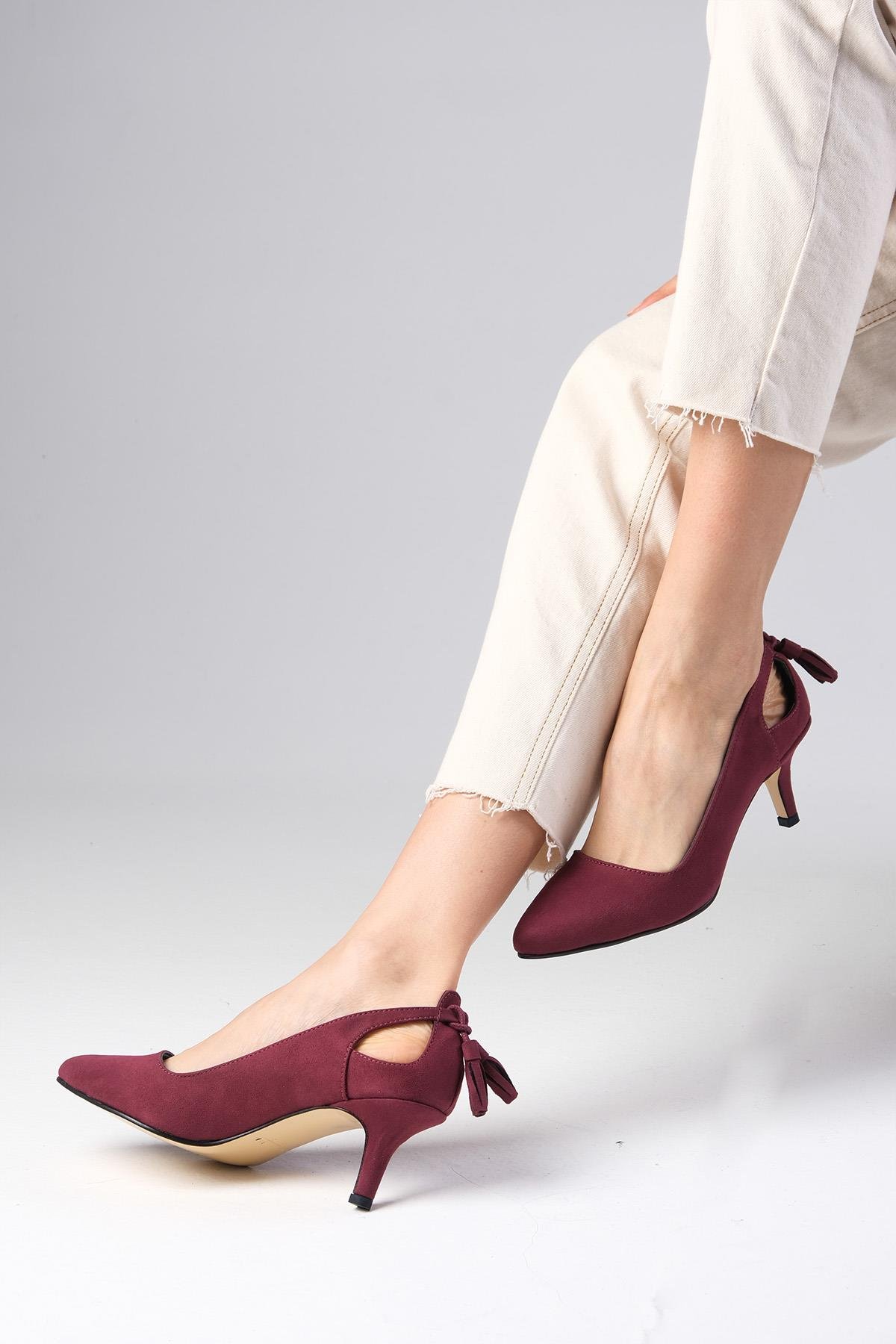 Drop Bordo Renk Süet Topuklu Ayakkabı