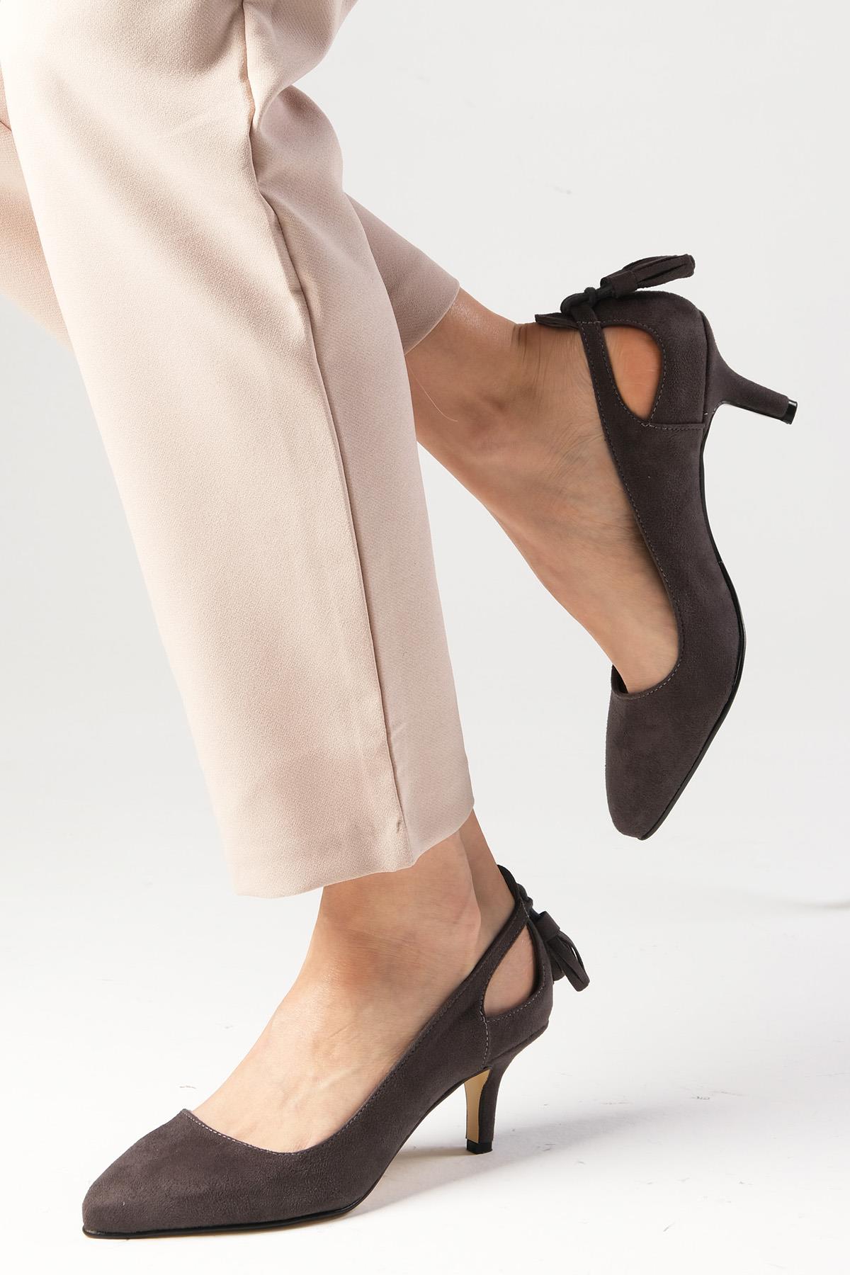 Drop Gri Renk Süet Topuklu Ayakkabı