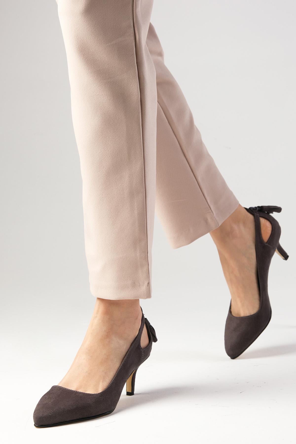 Drop Gri Renk Süet Topuklu Ayakkabı