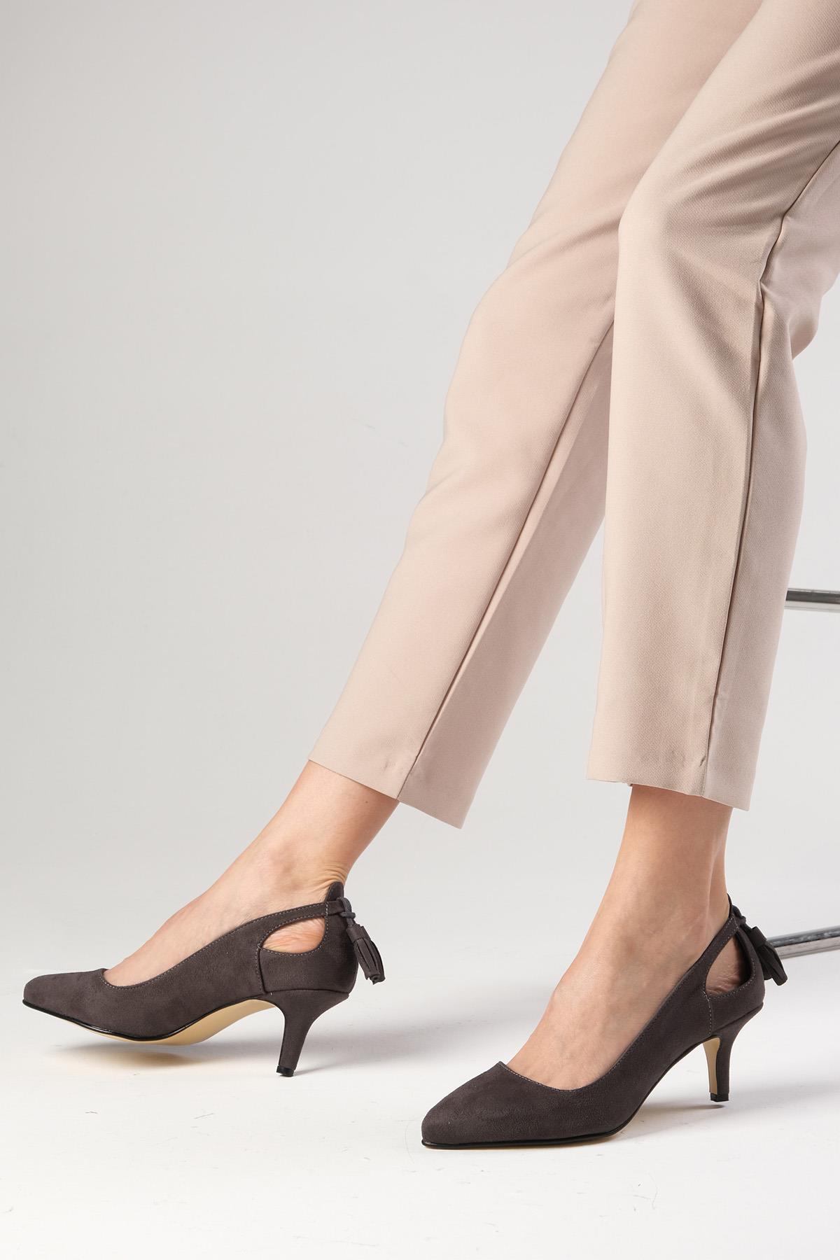 Drop Gri Renk Süet Topuklu Ayakkabı