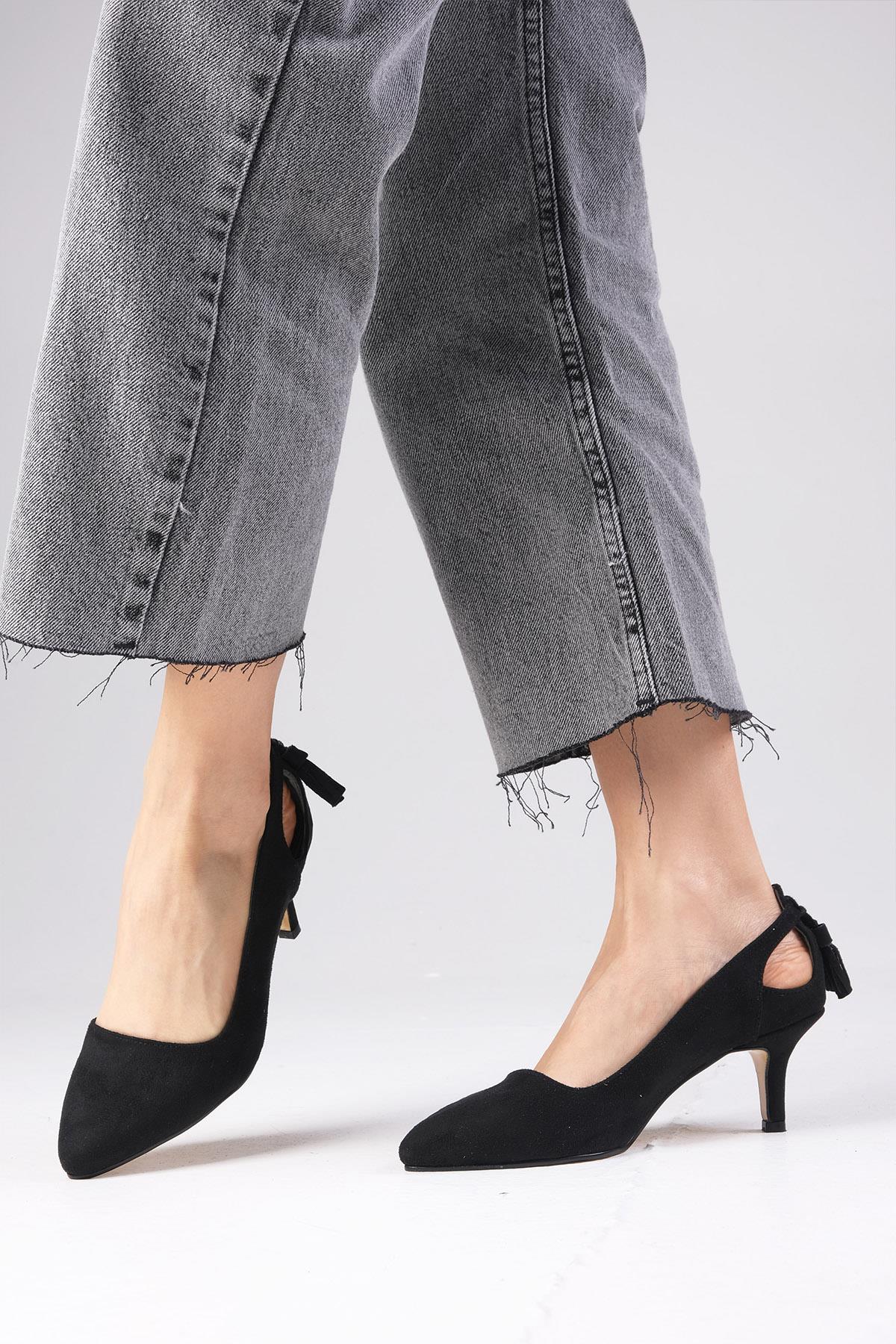 Drop Siyah Renk Süet Topuklu Ayakkabı