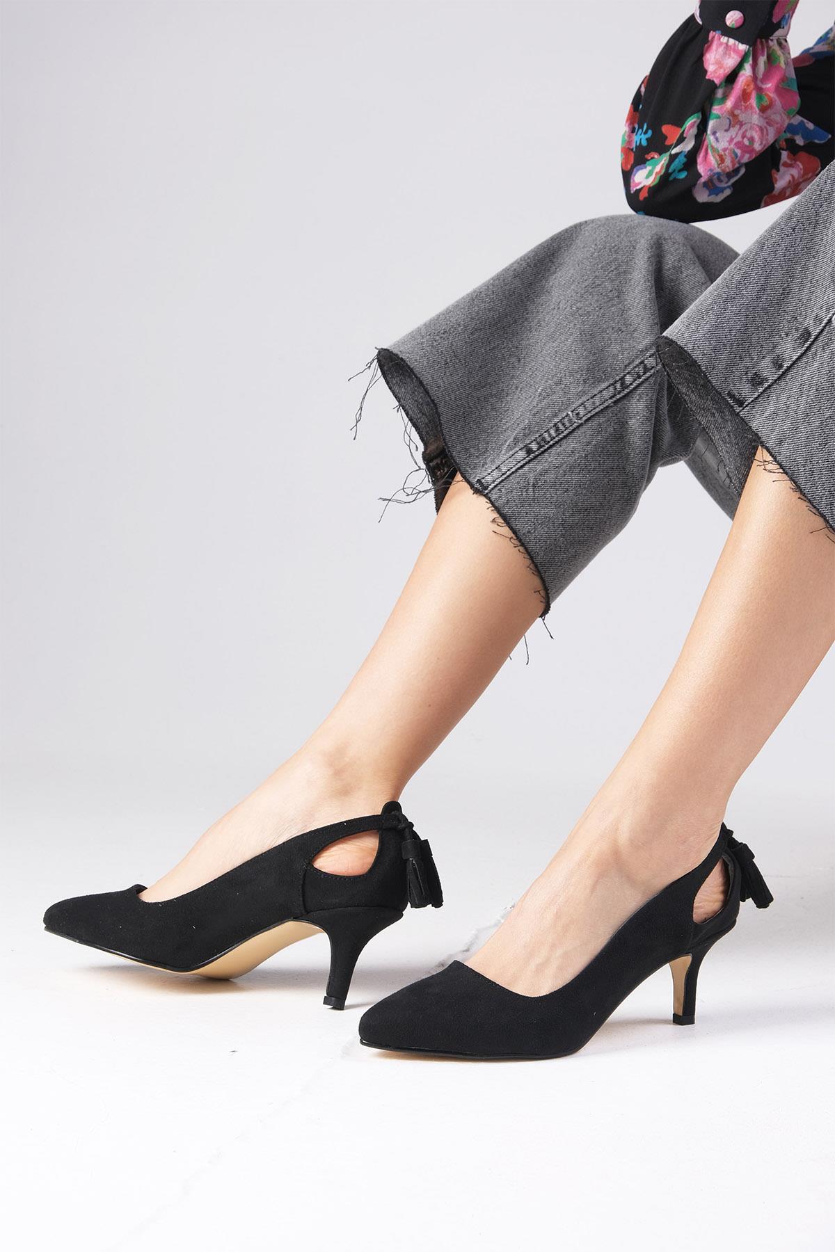 Drop Siyah Renk Süet Topuklu Ayakkabı