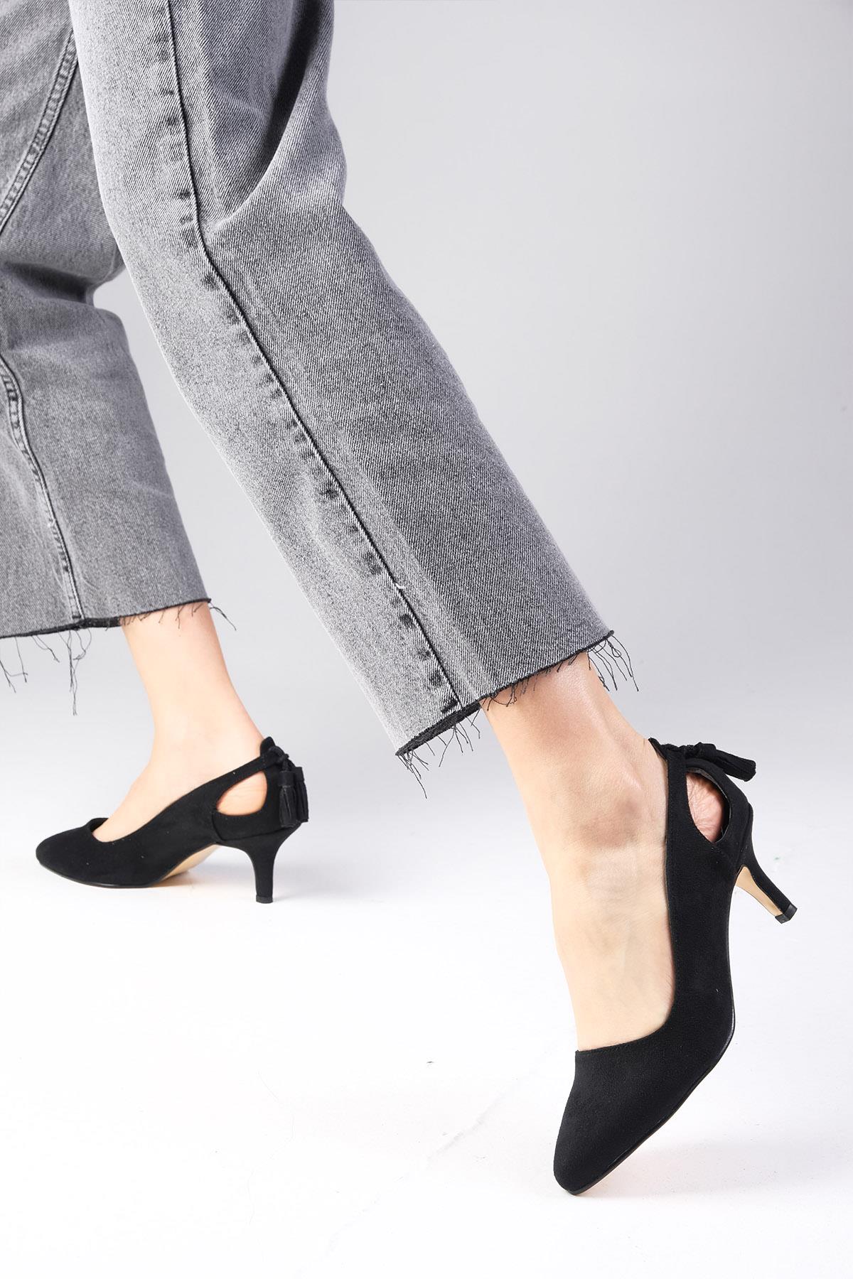Drop Siyah Renk Süet Topuklu Ayakkabı